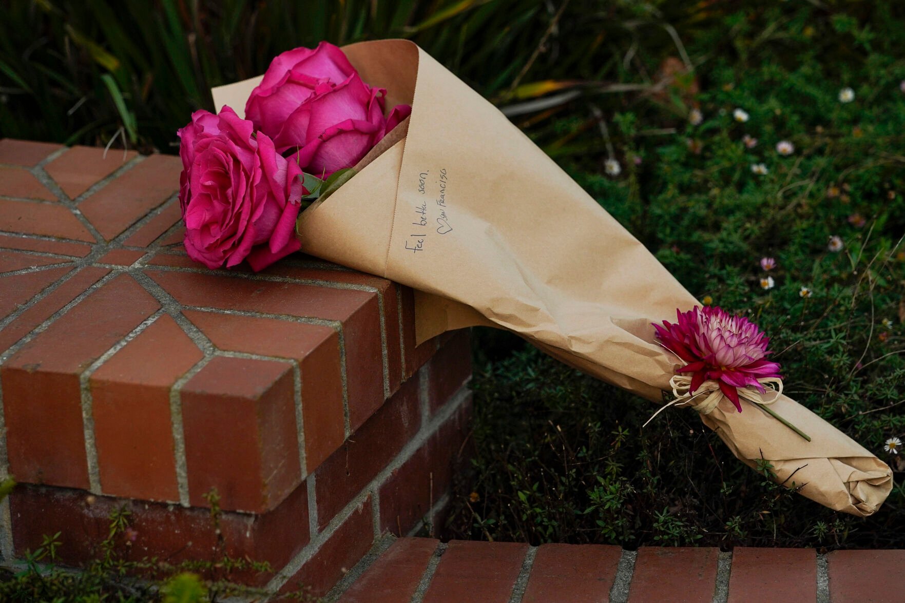 <p>Flowers can be seen outside the home of Paul Pelosi, the husband of House Speaker Nancy Pelosi, in San Francisco, Friday, Oct. 28, 2022. Paul Pelosi, was attacked and severely beaten by an assailant with a hammer who broke into their San Francisco home early Friday, according to people familiar with the investigation.</p>