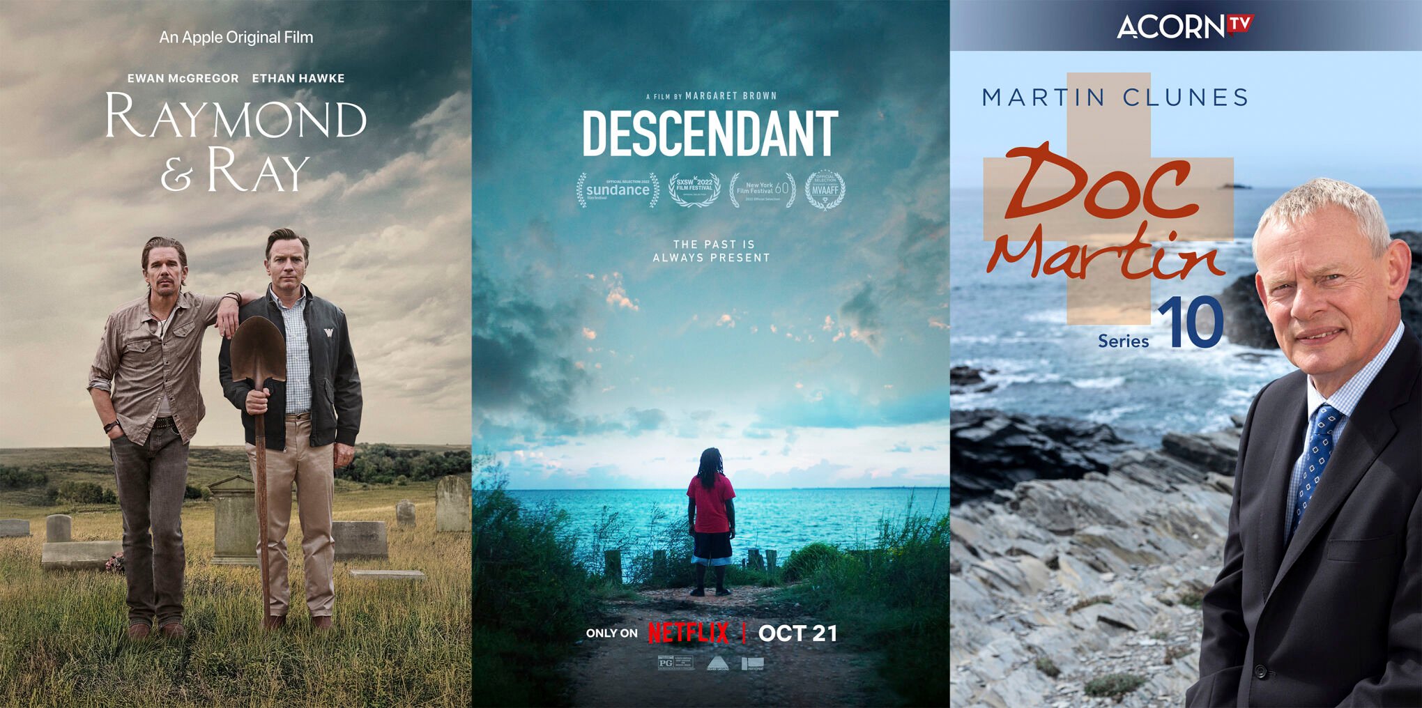 <p>This combination of images shows promotional art for "Raymond & Ray," a film premiering Oct. 21 on Apple TV, "Descendant," a documentary premiering Oct. 21 on Netflix, and "Doc Martin," premiering its 10th and final season Oct. 17 on Acorn TV. (Apple/Netflix/Acorn via AP)</p>