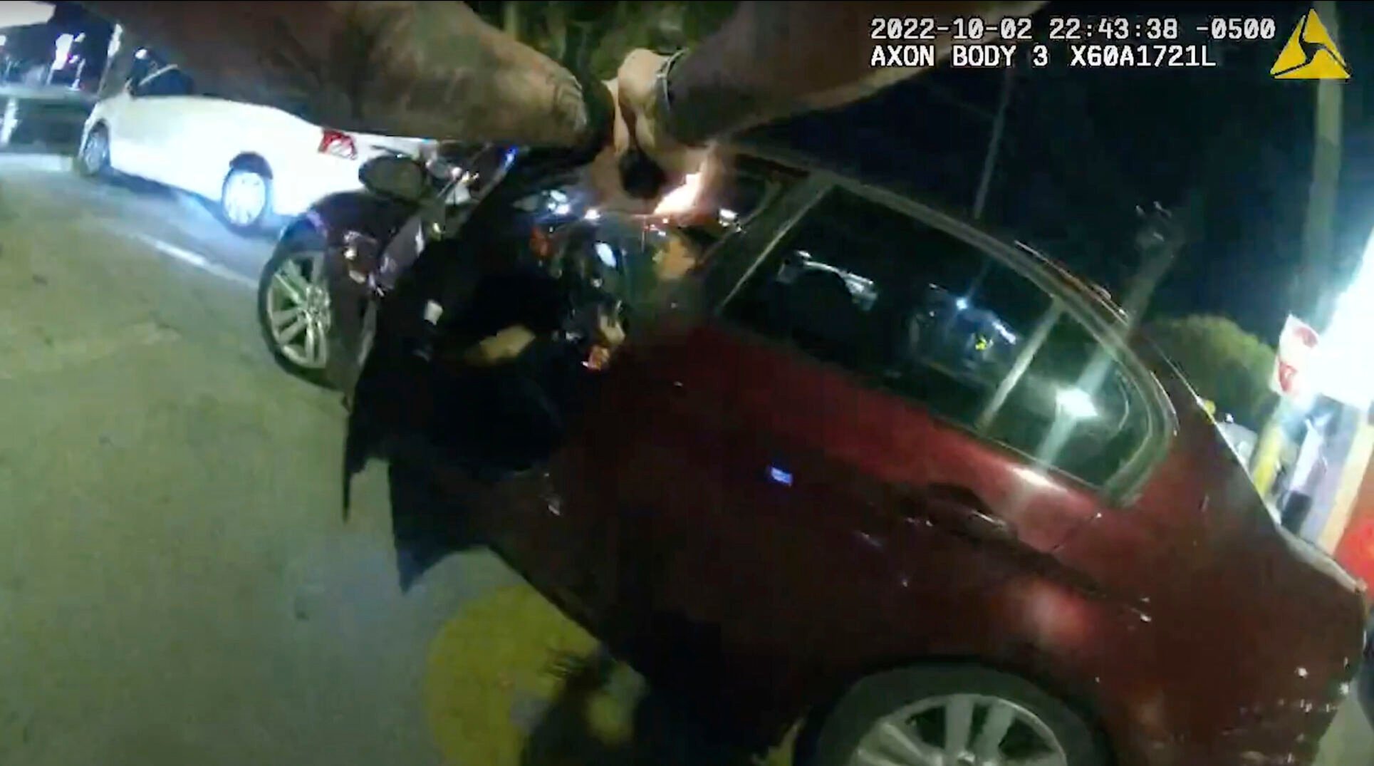 <p>In this image taken from Oct. 2, 2022 police body camera video and released by San Antonio Police Department, San Antonio Police officer James Brennand shoots Erik Cantu, who was holding a hamburger in a fast food restaurant parking lot, as Cantu drives away in San Antonio, Texas. Brennand opened fire several times wounding the unarmed teenager as he drove away. Brennand was fired after the shooting, police training commander Alyssa Campos said in a video statement released Wednesday, Oct. 5, 2022. (San Antonio Police Department via AP)</p>