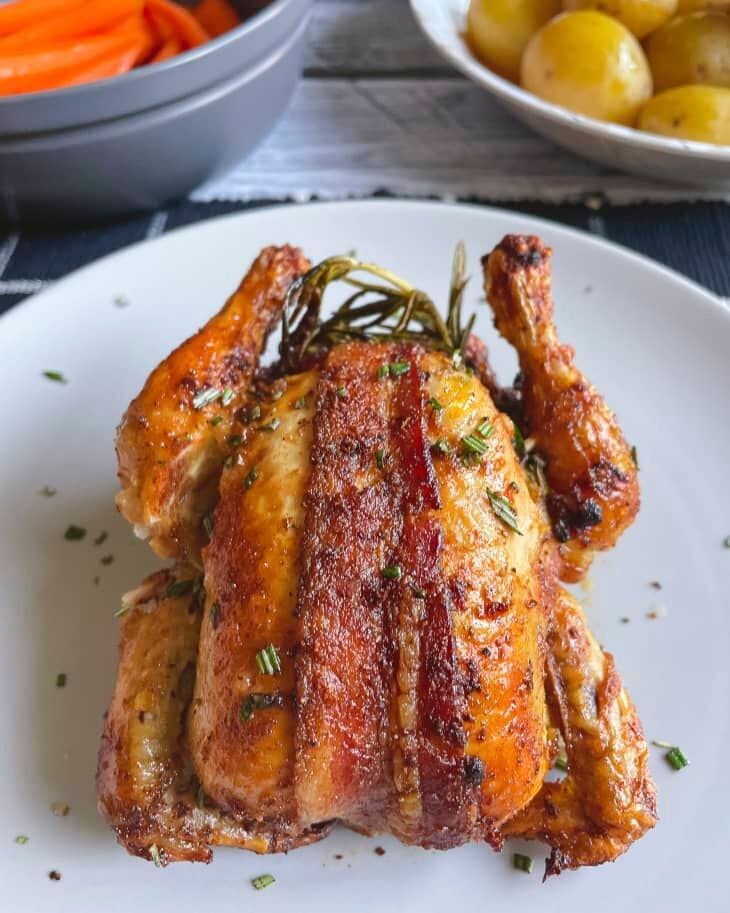 Enjoy Bacon Wrapped Air Fryer Cornish Hens In Just 35 Minutes