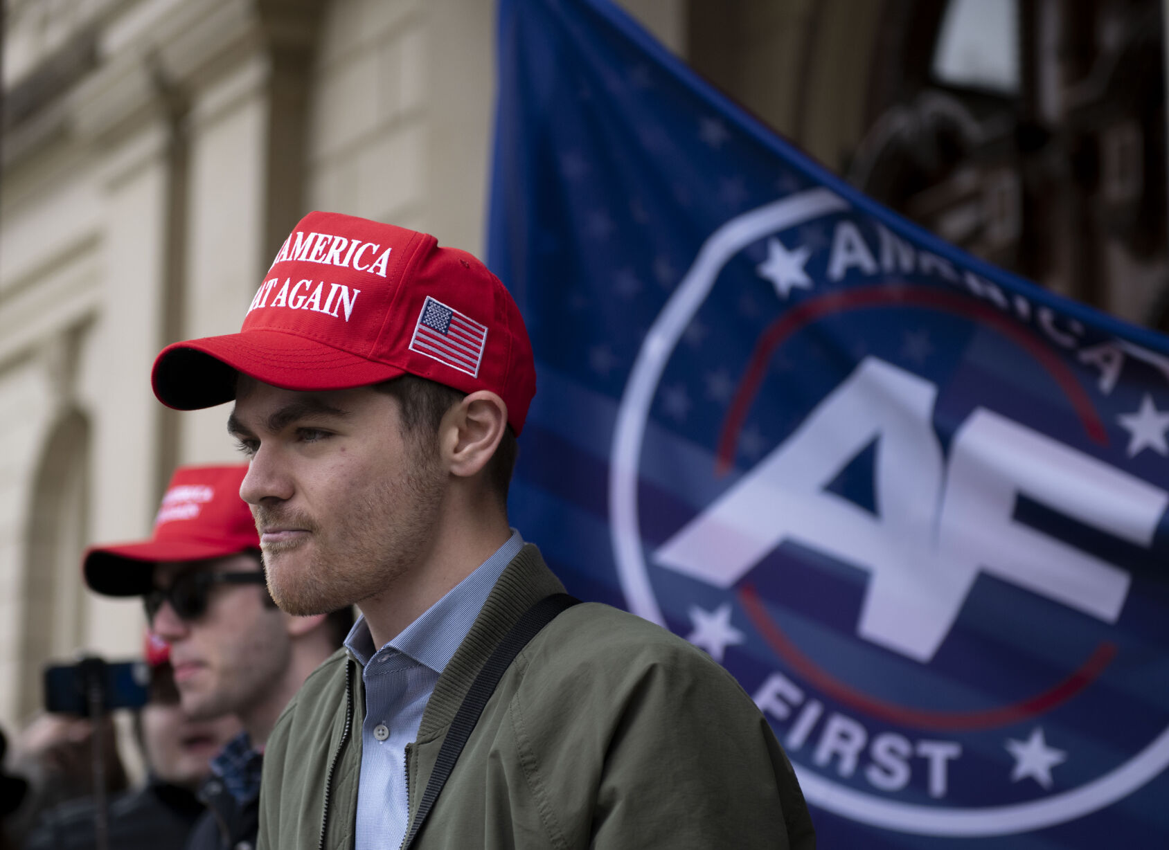 <p>FILE - Nick Fuentes, far-right activist, holds a rally at the Lansing Capitol, in Lansing, Mich., Nov. 11, 2020. </p>