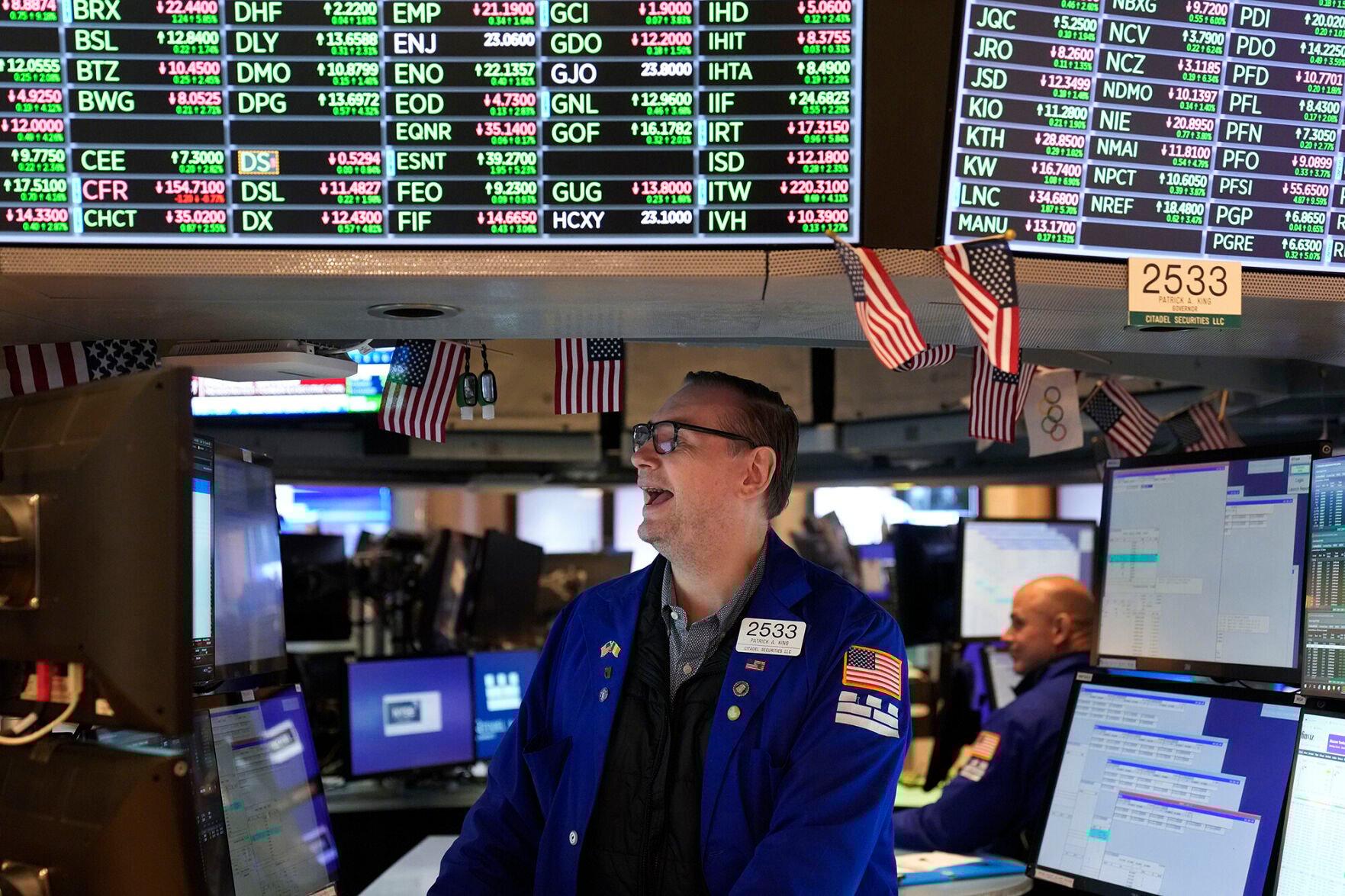 <p>Stocks soared after new economic data showed that price increases eased in October and investors cheered the development because it indicates the Federal Reserve’s interest rate hikes may finally be cooling inflation, and pictured, traders at the New York Stock Exchange in New York, on Nov. 10.</p>
