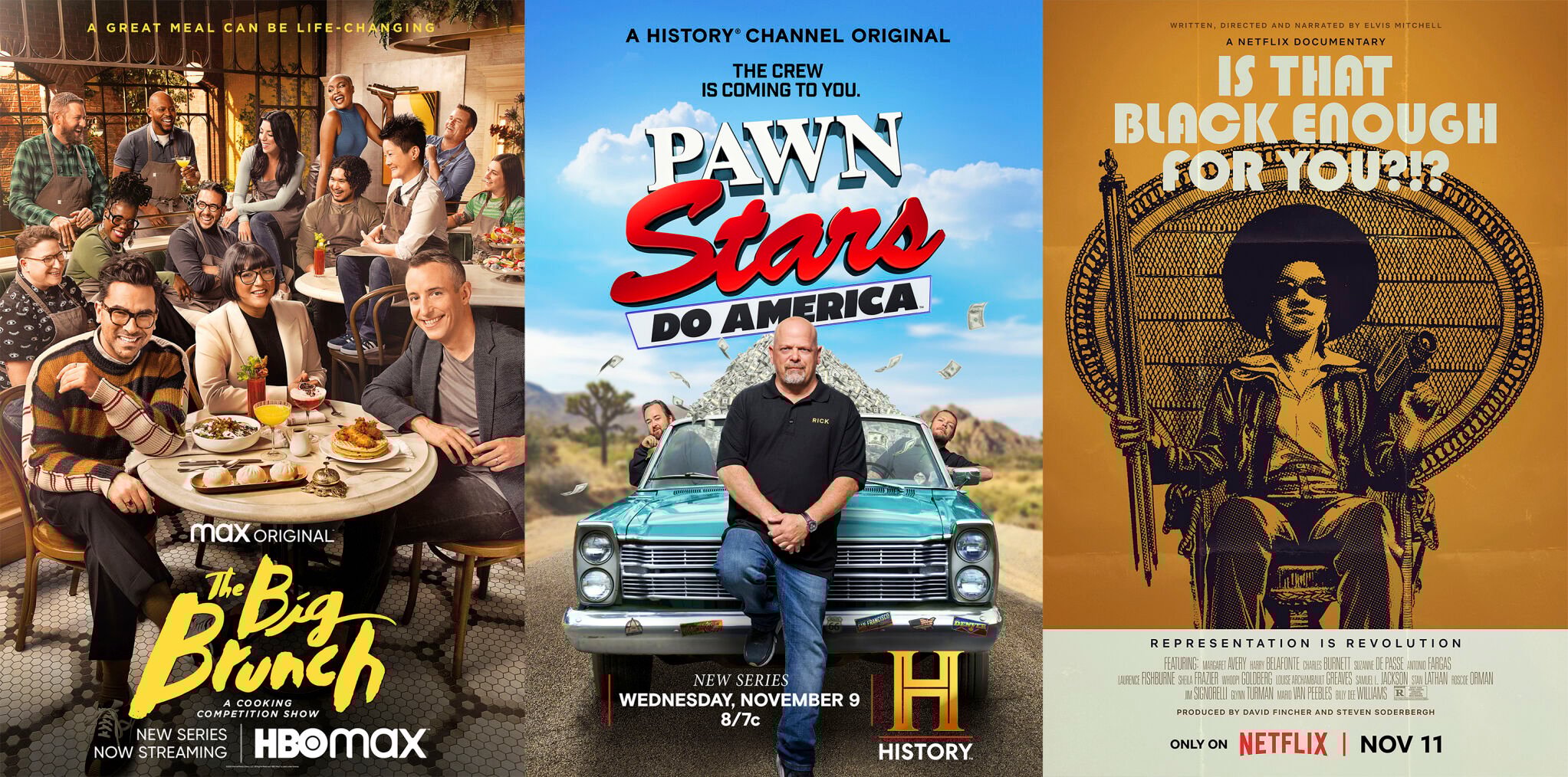 <p>This combination of photos shows promotional art for the cooking competition series "The Big Brunch," left, the series “Pawn Stars Do America," center, and the film "Is That Black Enough for You?" (HBO Max/History/Netflix via AP)</p>