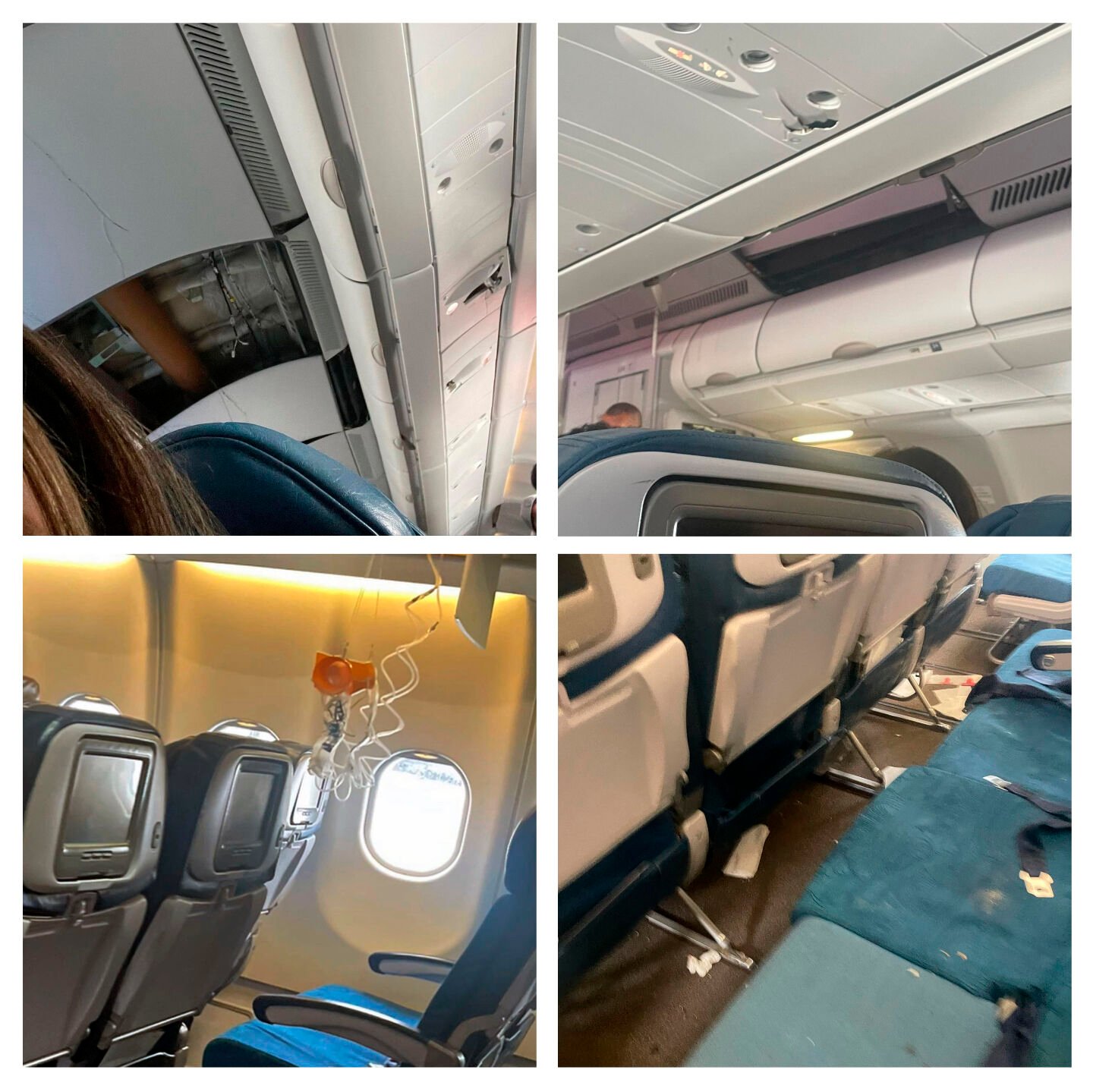 <p>This photo combination of mobile images, courtesy of passenger Jazmin Bitanga, shows the interior of a Hawaiian Airlines plane flying from Phoenix to Honolulu after severe turbulence rocked the flight, Sunday, Dec. 18, 2022. </p>