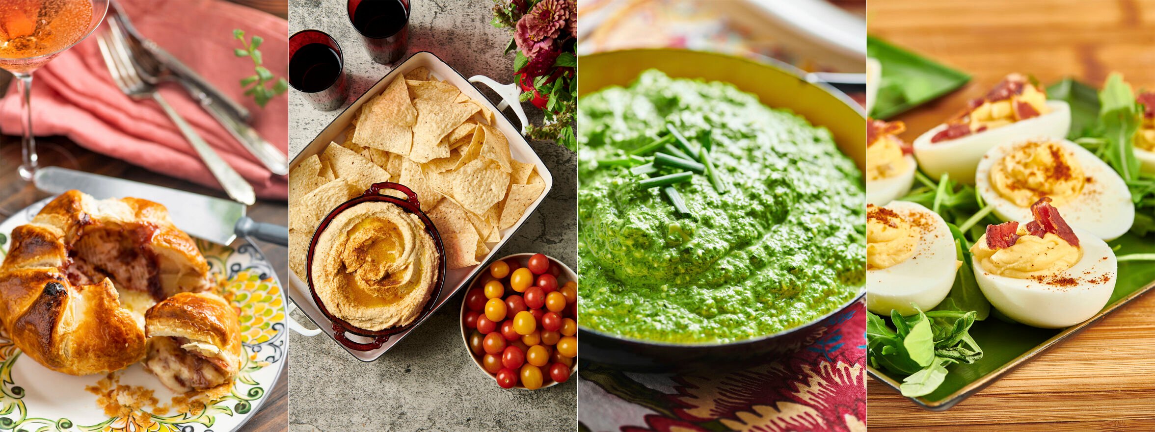 <p>This combination of photos shows recipes for Baked Brie en Croute with Raspberry Jam, from left, hummus, Parmesan Feta Spinach Dip and Deviled Eggs. (Cheyenne M. Cohen via AP)</p>
