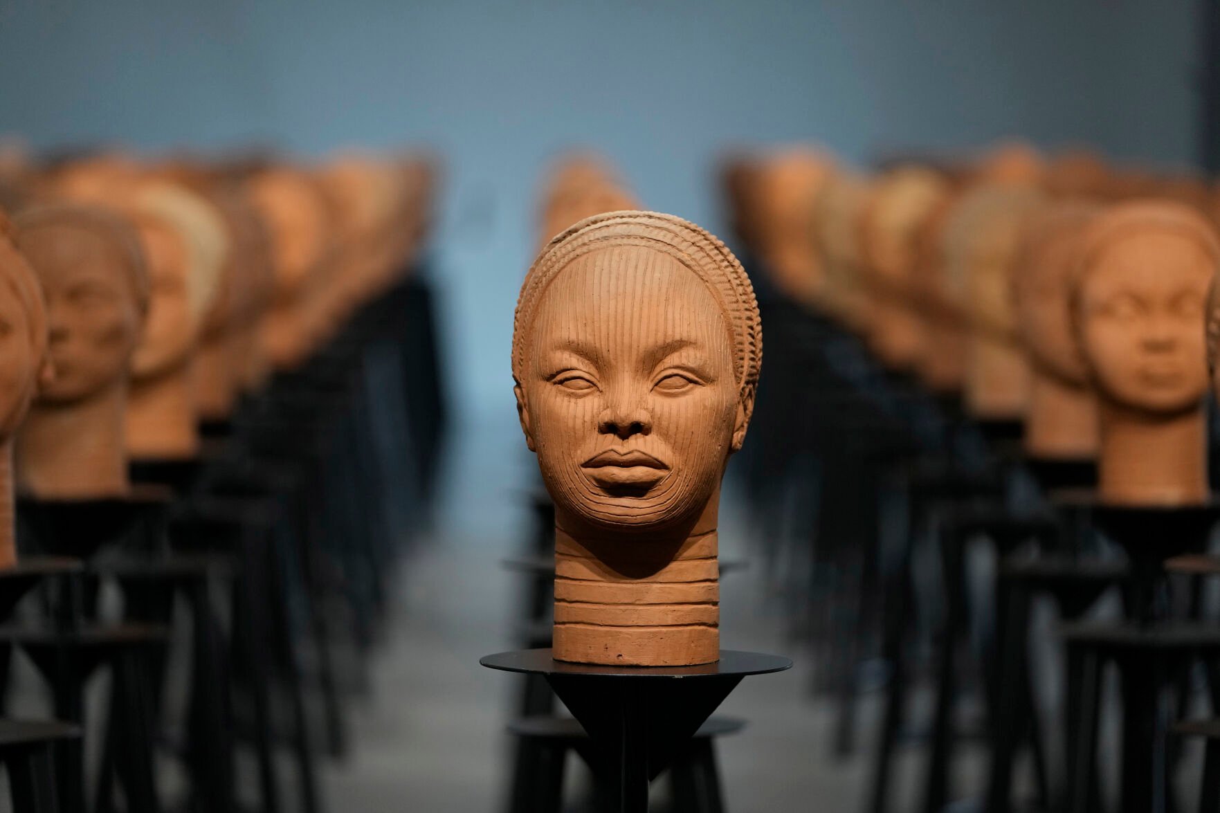 <p>Sculptures created by French artist Prune Nourry that represent the remaining 108 Chibok still in captivity are displayed Dec. 13, 2022, in Lagos, Nigeria.</p>