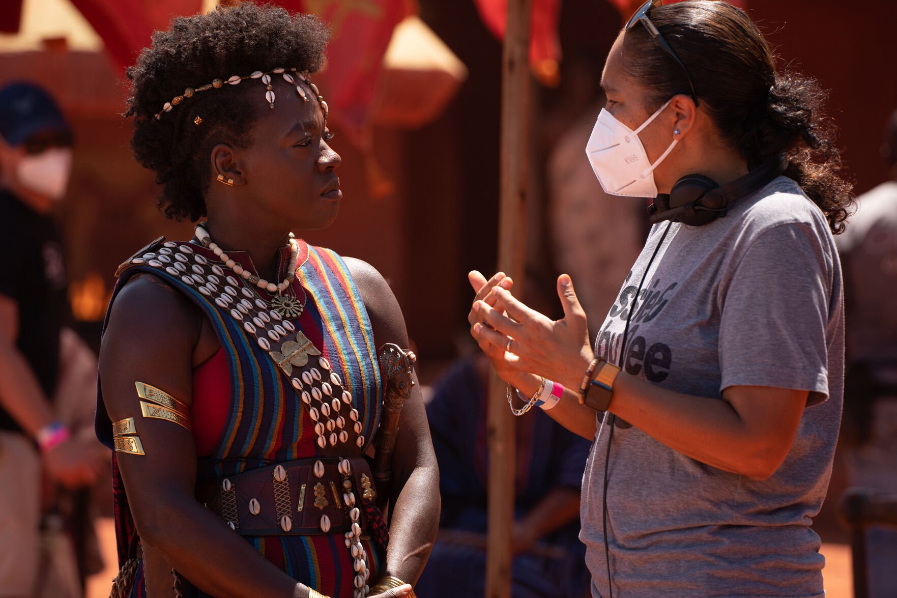<p>Viola Davis, left, works with director Gina Prince-Bythewood on the set of "The Woman King." (TriStar Productions/Album/Zuma Press/TNS)</p>