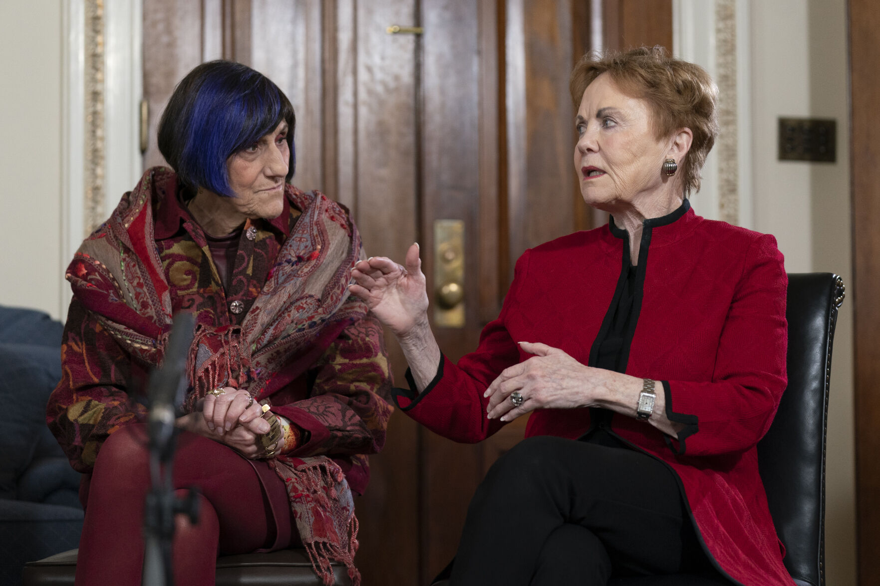 <p>House Appropriations Committee ranking member Rep. Rosa DeLauro, D-Conn.; listens to House Appropriations Committee chair Rep. Kay Granger, R-Texas, during an interview with The Associated Press.</p>