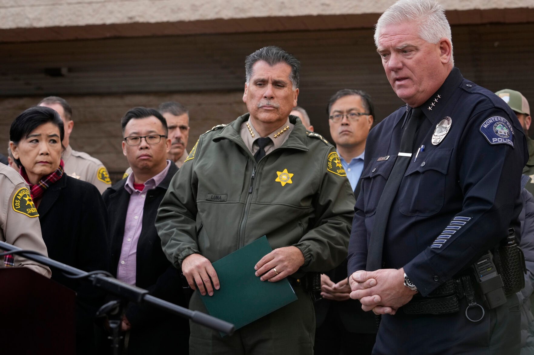 <p>Los Angeles County Sheriff Robert Luna, center, and Monterey Park Chief of Police Scott Wiese, far right, brief the media outside the Civic Center in Monterey Park, Calif., Sunday, Jan. 22, 2023. At left, Rep. Judy Chu, and Monterrey Park Mayor Henry Lo. A mass shooting at a Los Angeles-area ballroom dance club following a Lunar New Year celebration, set off a manhunt for the suspect. (AP Photo/Damian Dovarganes)</p>