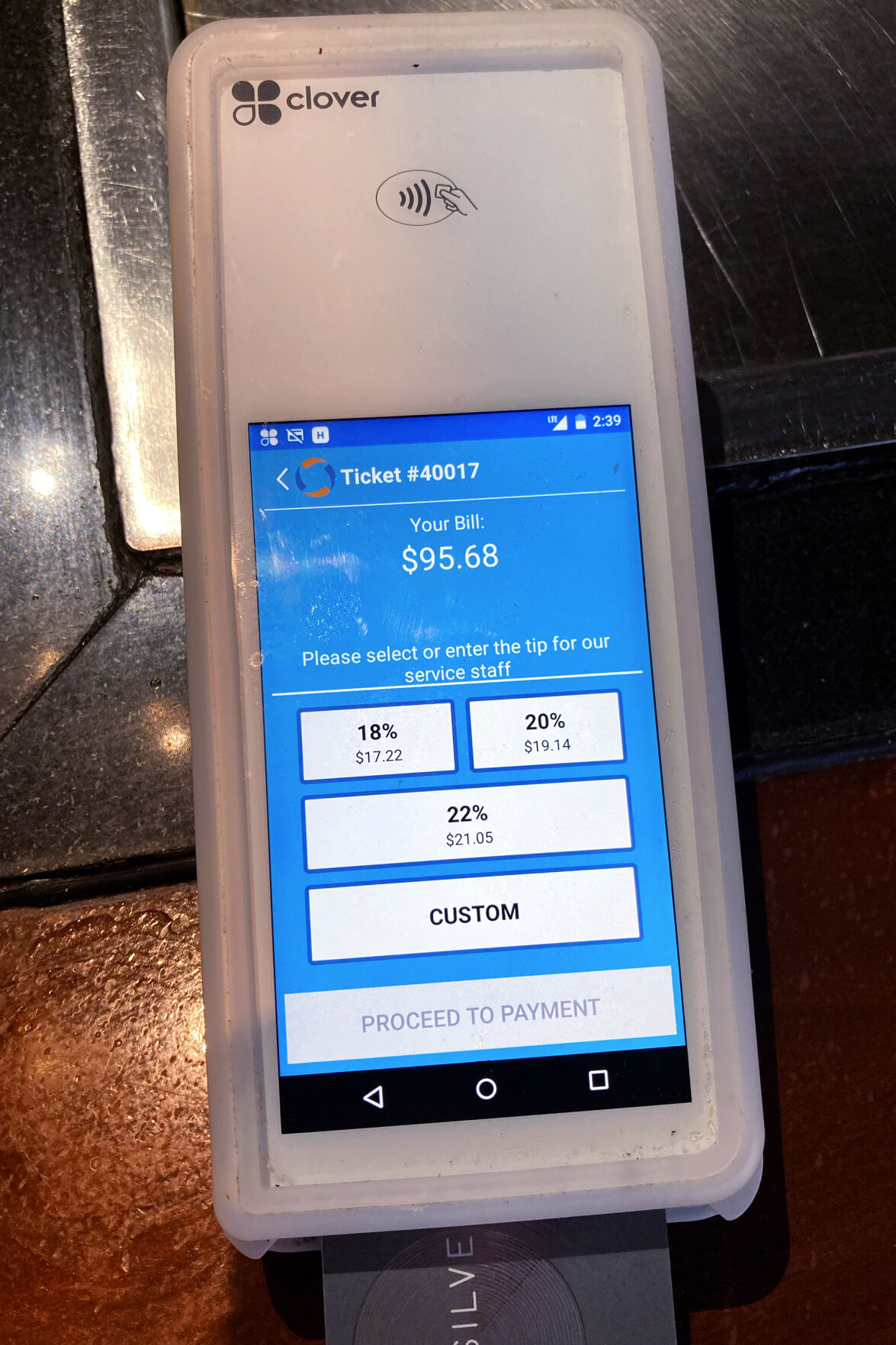 <p>A tipping option is displayed on a card reader at a restaurant in Schaumburg, Ill., Tuesday, Jan. 10, 2023. </p>