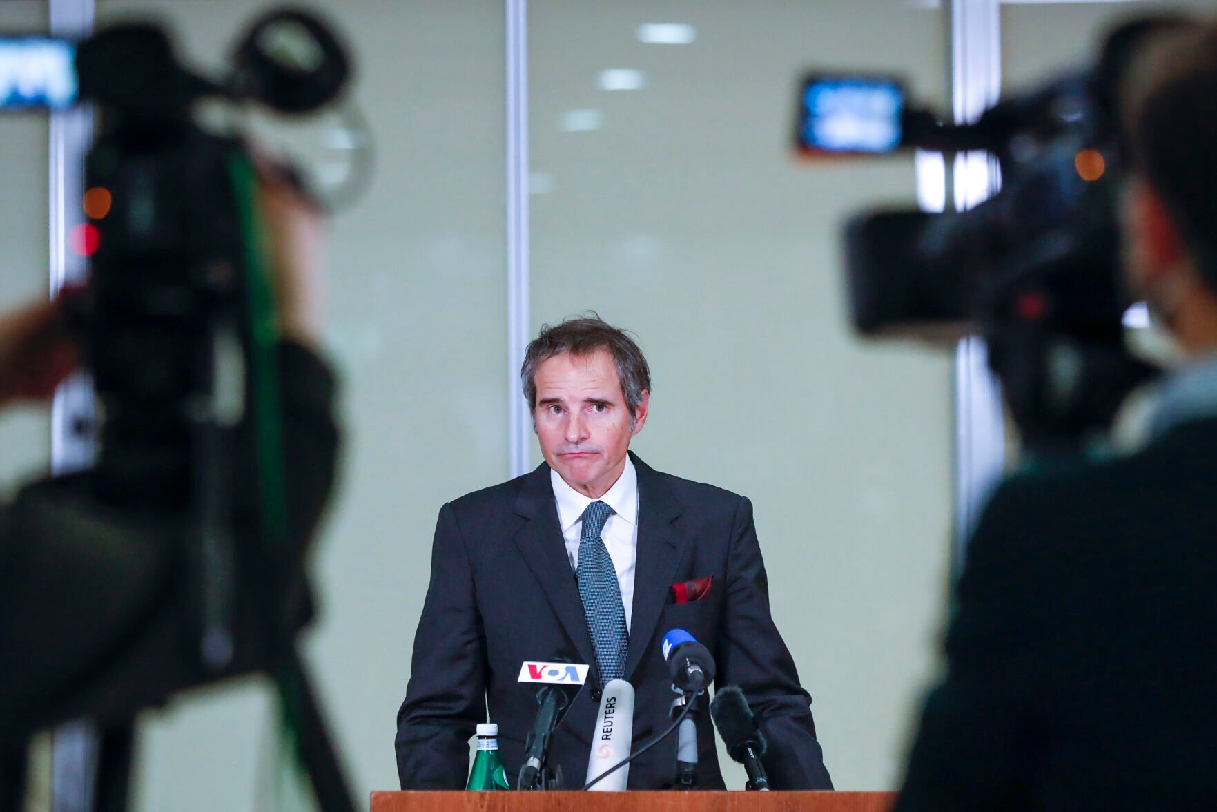 <p>International Atomic Energy Agency Director-General Rafael Mariano Grossi gives a news conference at the Vienna Airport upon returning from Tehran, Iran, on March 5, 2022, in Vienna, Austria.</p>