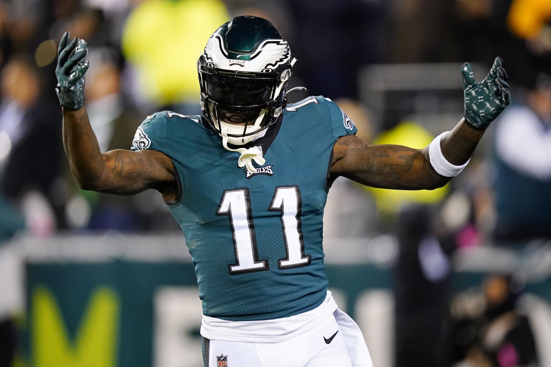 <p>Philadelphia Eagles wide receiver A.J. Brown reacts after teammate Boston Scott scored on a touchdown run against the New York Giants during the first half of last Saturday's NFC divisional playoff game in Philadelphia.</p>