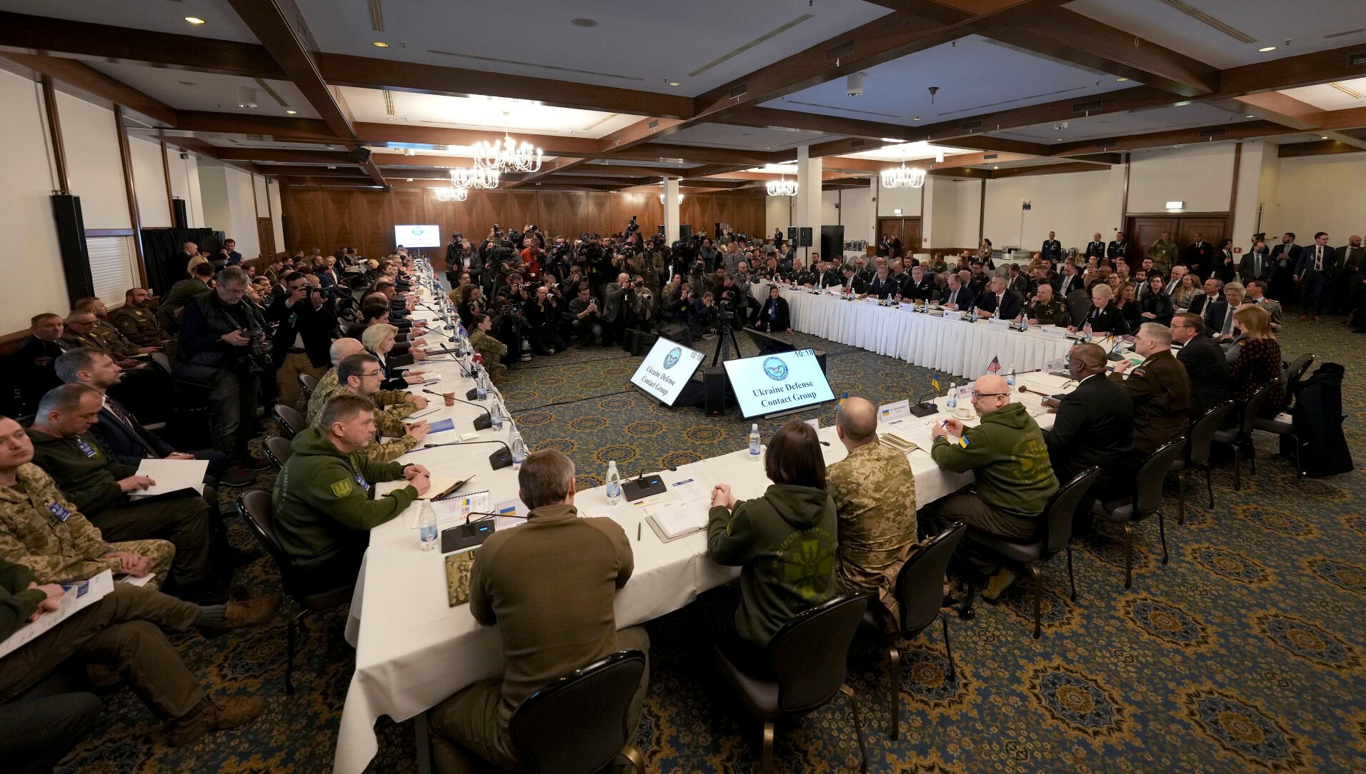 <p>Participants attend the meeting of the Ukraine Defense Contact Group on Friday at Ramstein Air Base in Germany.</p>