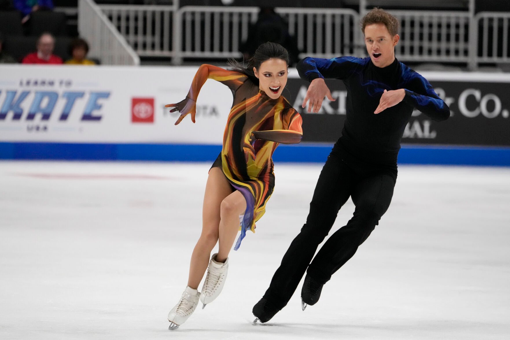<p>Madison Chock, left, and Evan Bates perform during the free dance at the U.S. figure skating championships Saturday in San Jose, Calif.</p>