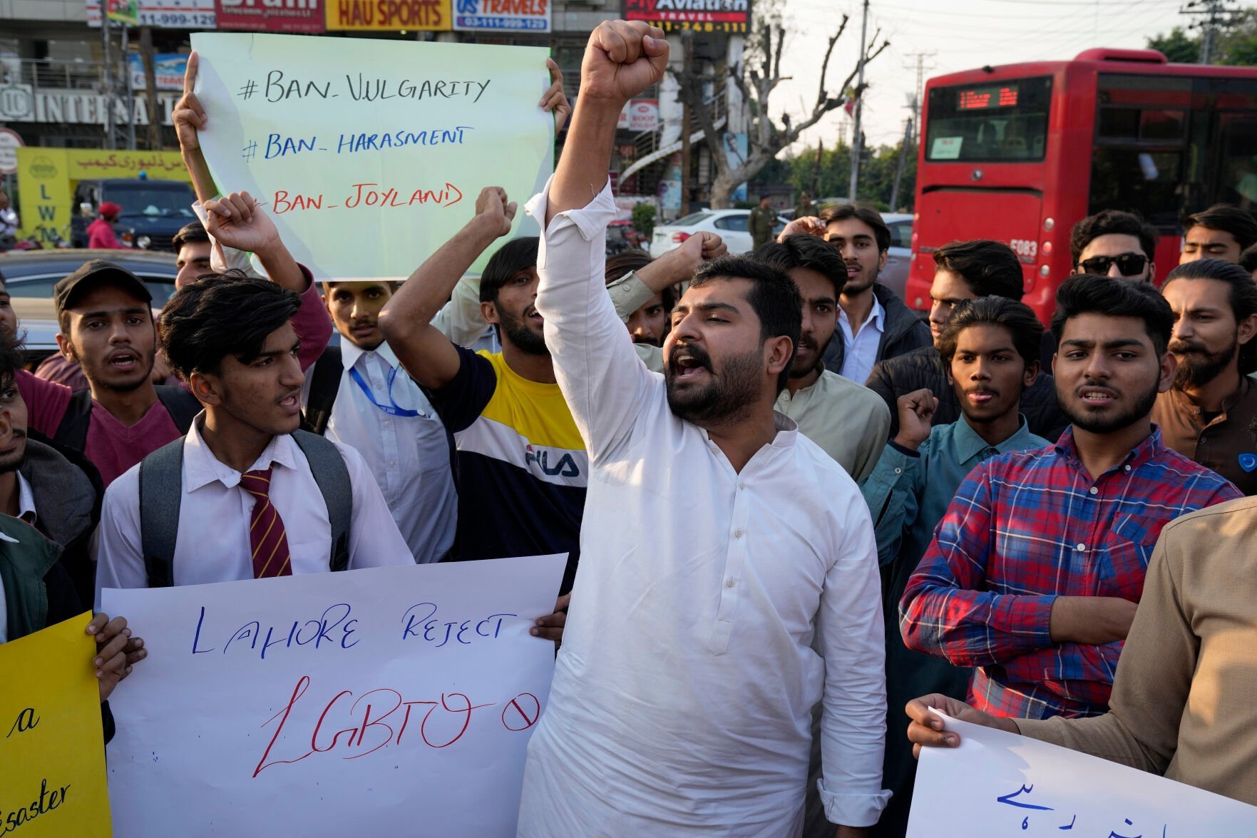 <p>Members of an Islamic student group hold a demonstration against the release of the movie "Joyland," on Nov. 18, 2022, in Lahore, Pakistan. </p>