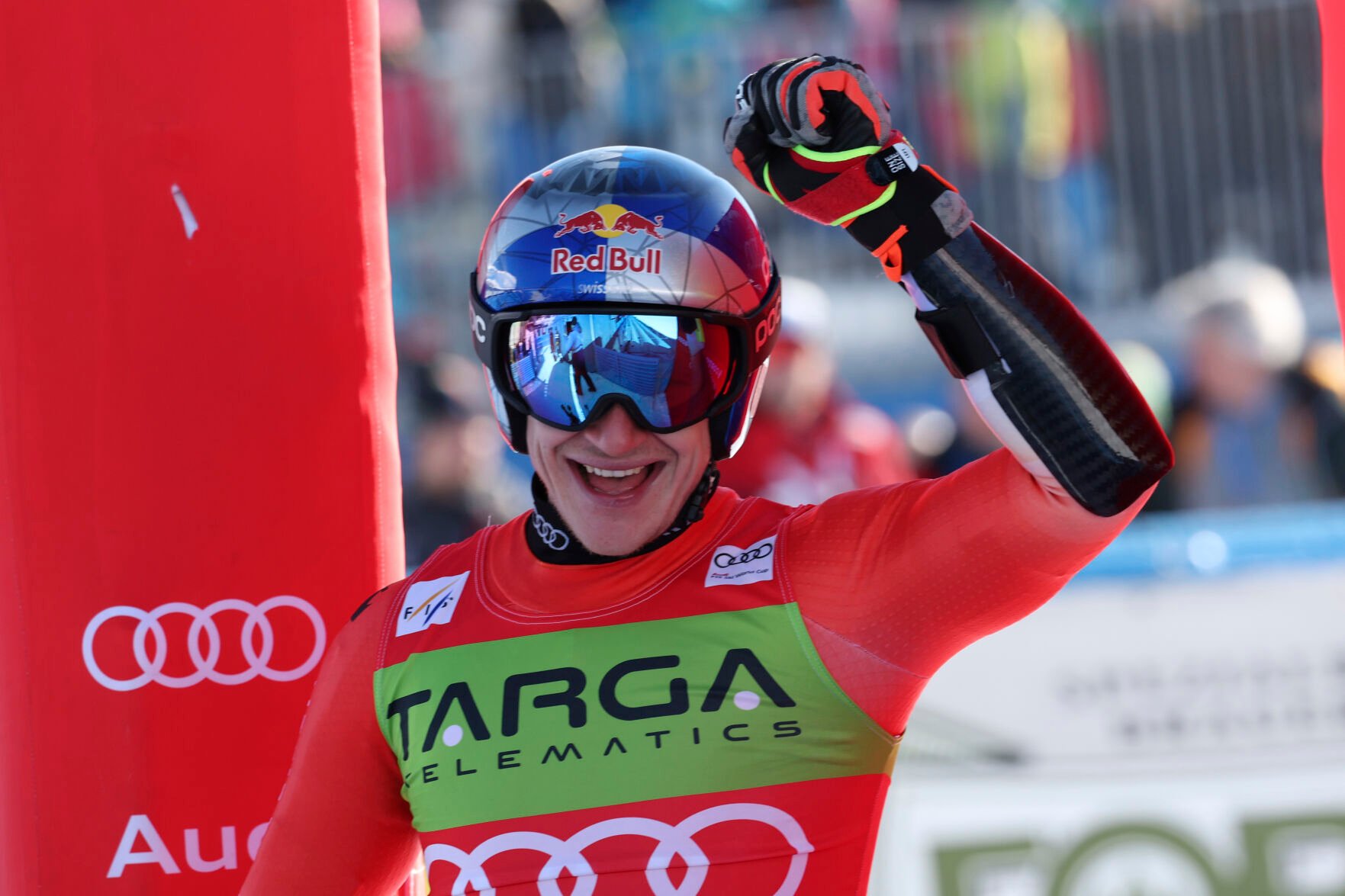 <p>Switzerland's Marco Odermatt reacts after completing in the super-g during a World Cup event on Sunday in Cortina d'Ampezzo, Italy.</p>