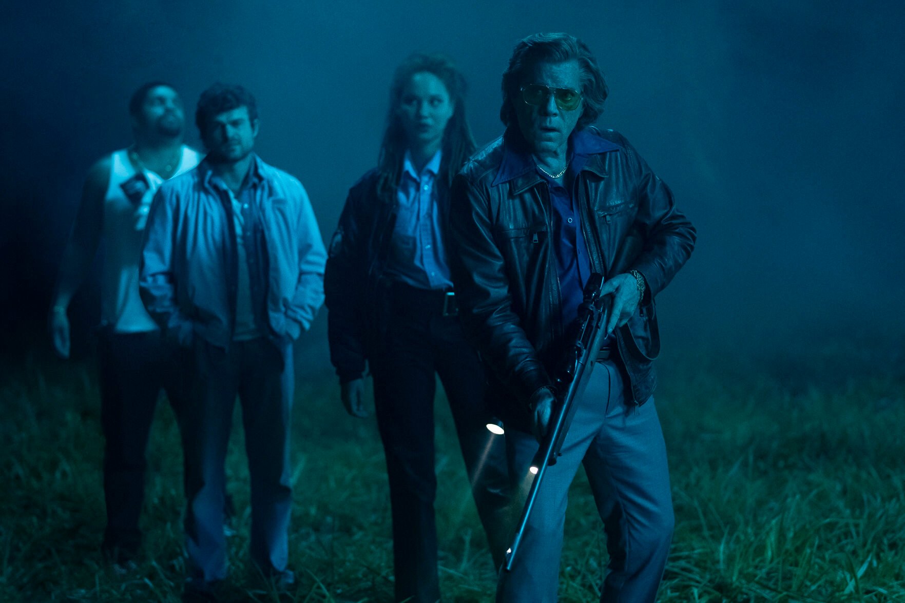 <p>This image released by Universal Pictures shows O'Shea Jackson, Jr., from left, Alden Ehrenreich, Ayoola Smart and Ray Liotta in a scene from "Cocaine Bear," directed by Elizabeth Banks. (Pat Redmond/Universal Pictures via AP)</p>