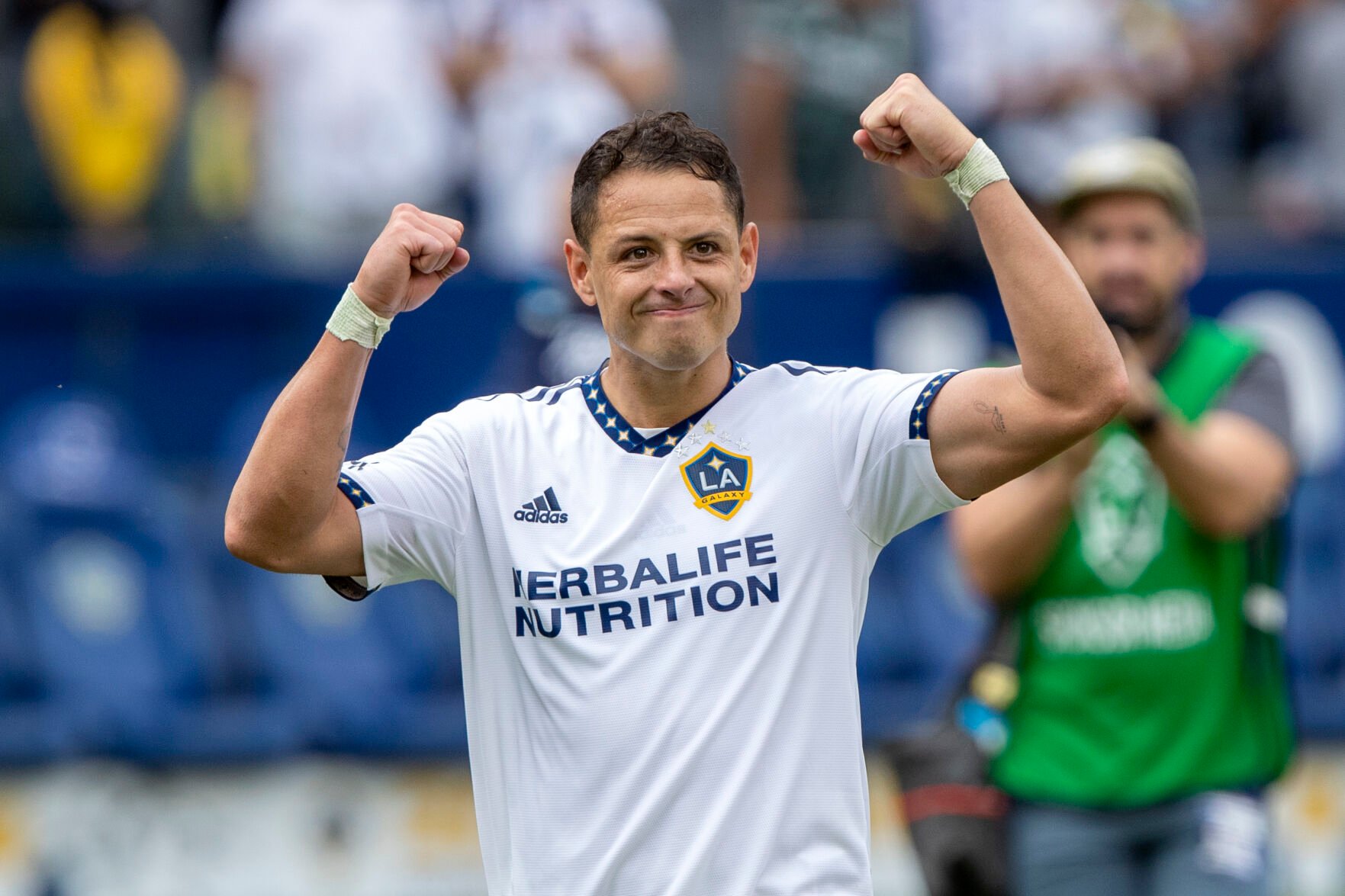 <p>Los Angeles Galaxy Javier “Chicharito” Hernandez celebrates after an MLS game on Saturday, Oct. 15, 2022, in Nashville, Tenn.</p>
