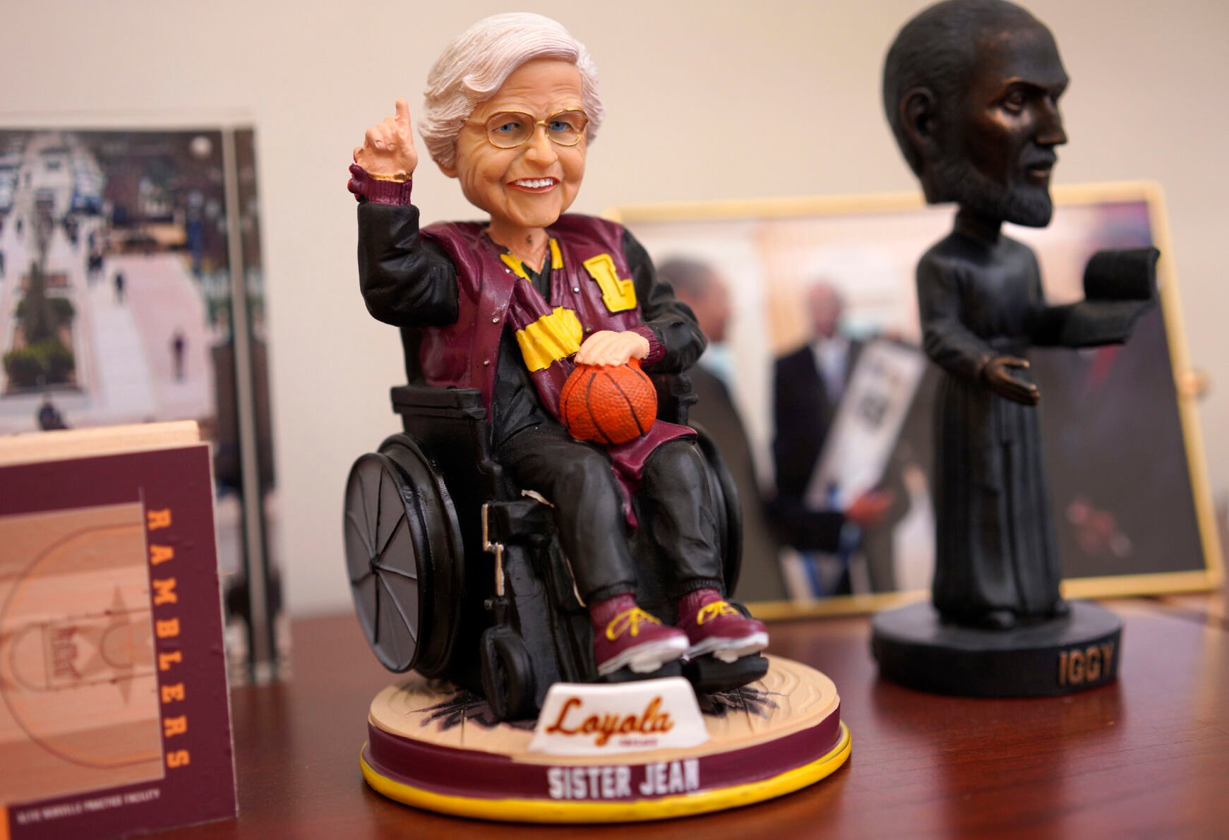 <p>A bobblehead of Loyola University men's basketball chaplain and school celebrity, Sister Jean Dolores Schmidt, sits on display in her office.</p>