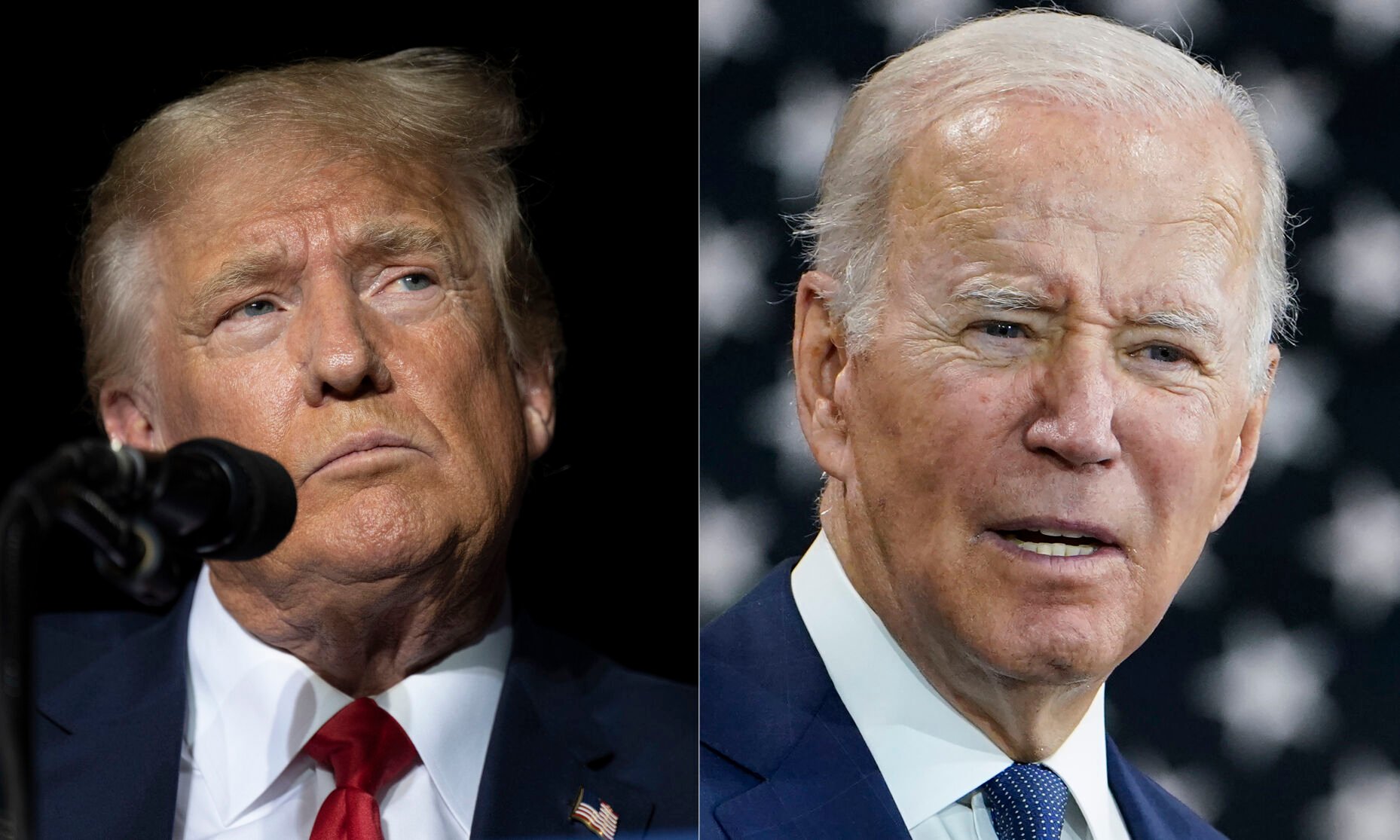 <p>This combination of photos shows former President Donald Trump, left, and President Joe Biden, right.</p>