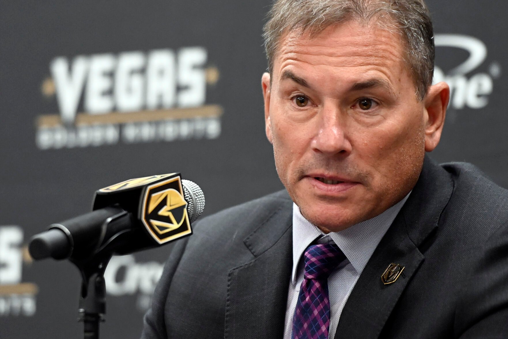 <p>Vegas Golden Knights head coach Bruce Cassidy speaks during a press conference after an preseason hockey game against the Colorado Avalanche on Sept. 28 in Las Vegas.</p>