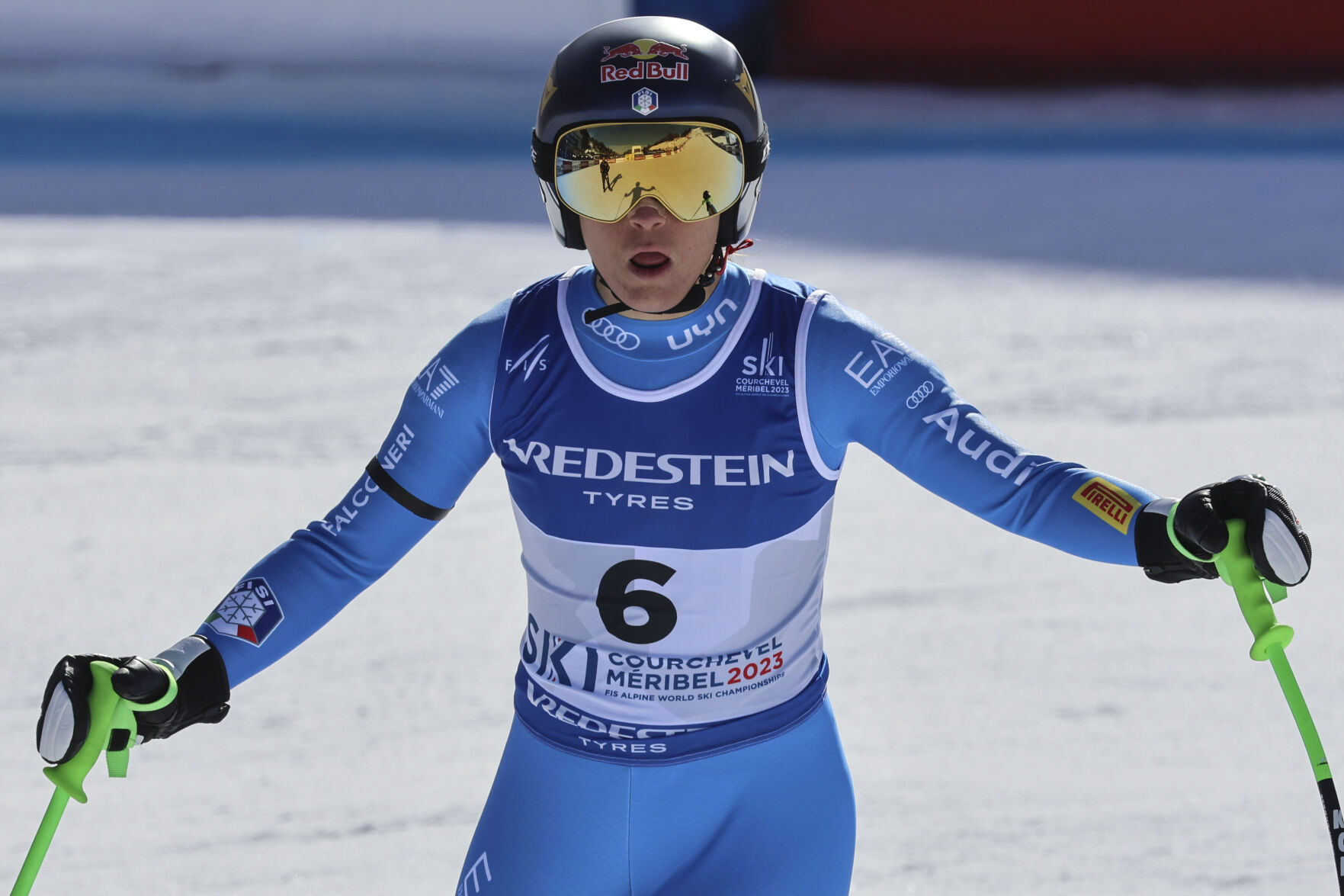 <p>Italy's Sofia Goggia gets to the finish area after completing the alpine ski, women's World Championship downhill, on Saturday in Meribel, France.</p>