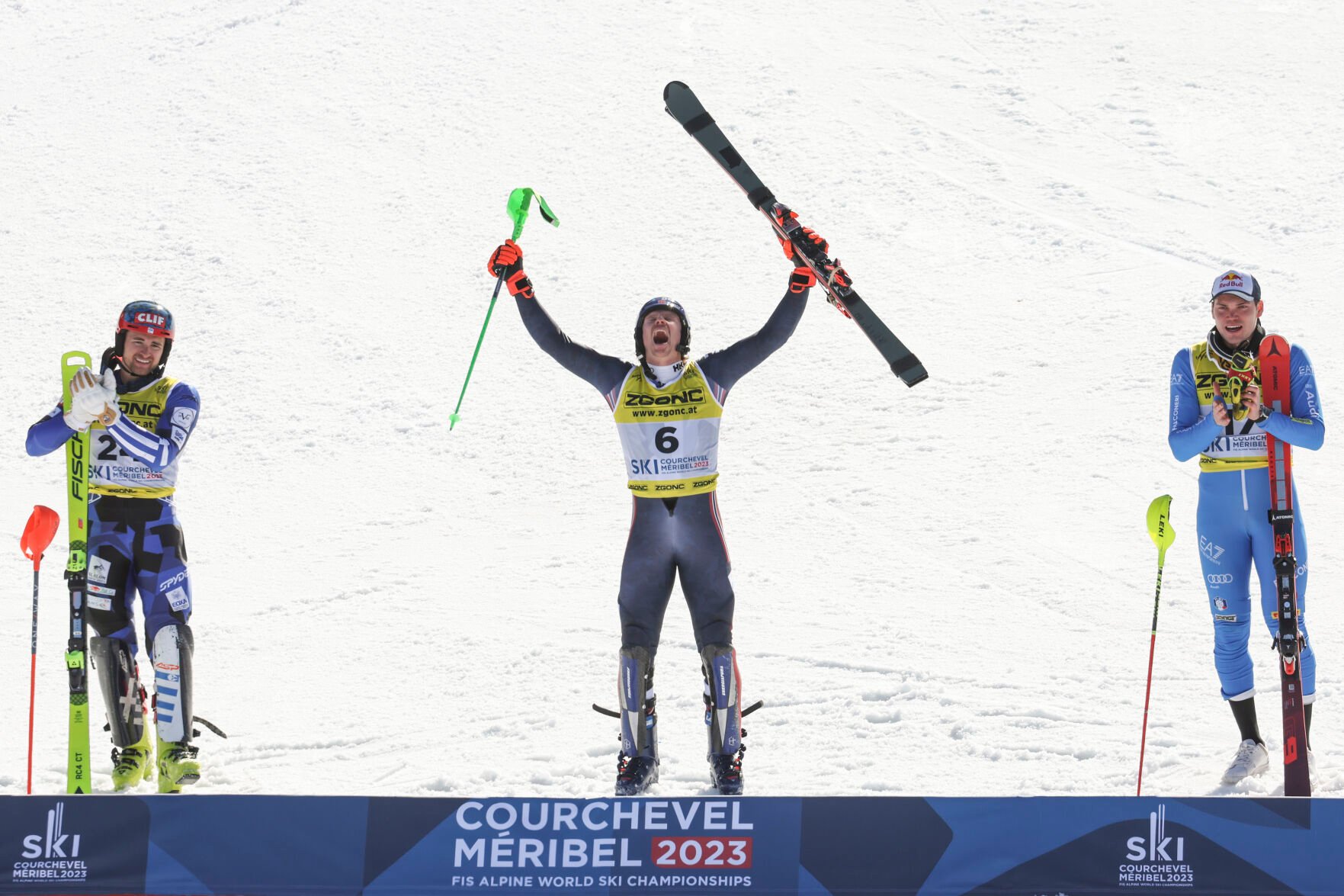 <p>Norway's Henrik Kristoffersen, center, winner of the men's World Championship slalom, celebrates with silver medal's winner Greece's Aj Ginnis, left, and bronze medallist Italy's Alex Vinatzer on Sunday in Courchevel, France.</p>