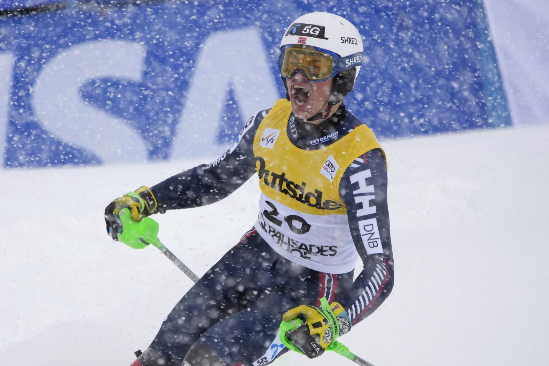 <p>Norway's Alexander Steen Olsen reacts after finishing the men's World Cup slalom skiing race on Sunday in Olympic Valley, Calif.</p>
