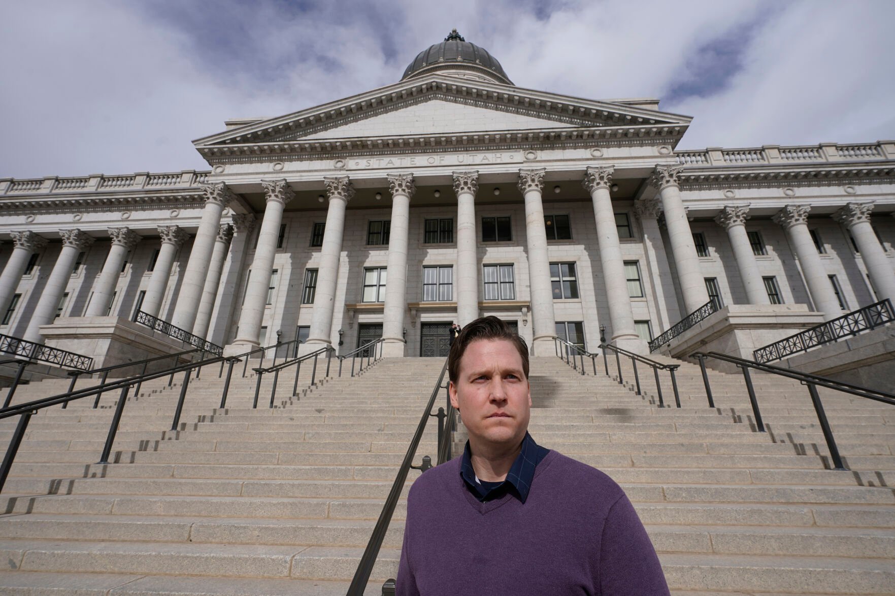<p>Shawn Blymiller, poses for a photograph in front of the Utah State Capitol on Wednesday in Salt Lake City.</p>