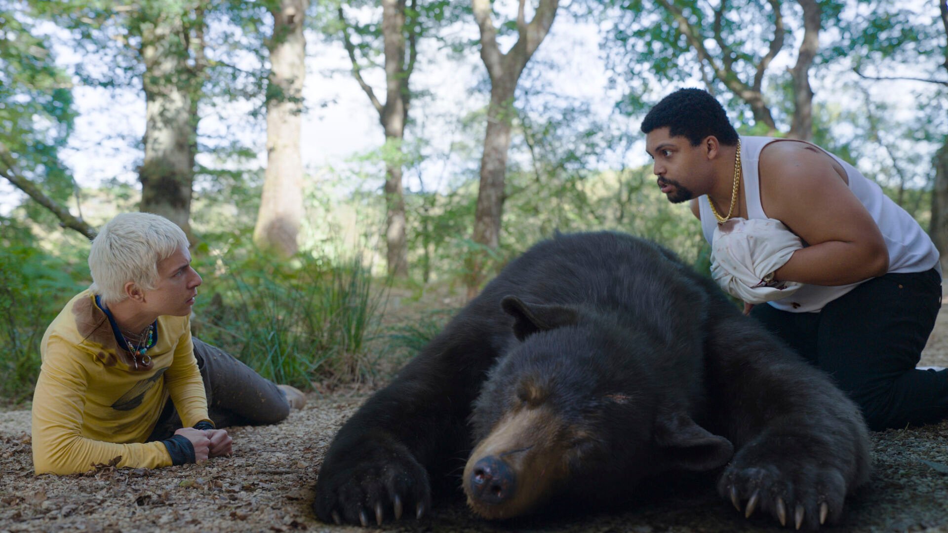 <p>This image released by Universal Pictures shows Aaron Holliday, left, and O'Shea Jackson, Jr. in a scene from "Cocaine Bear." (Universal Pictures via AP)</p>