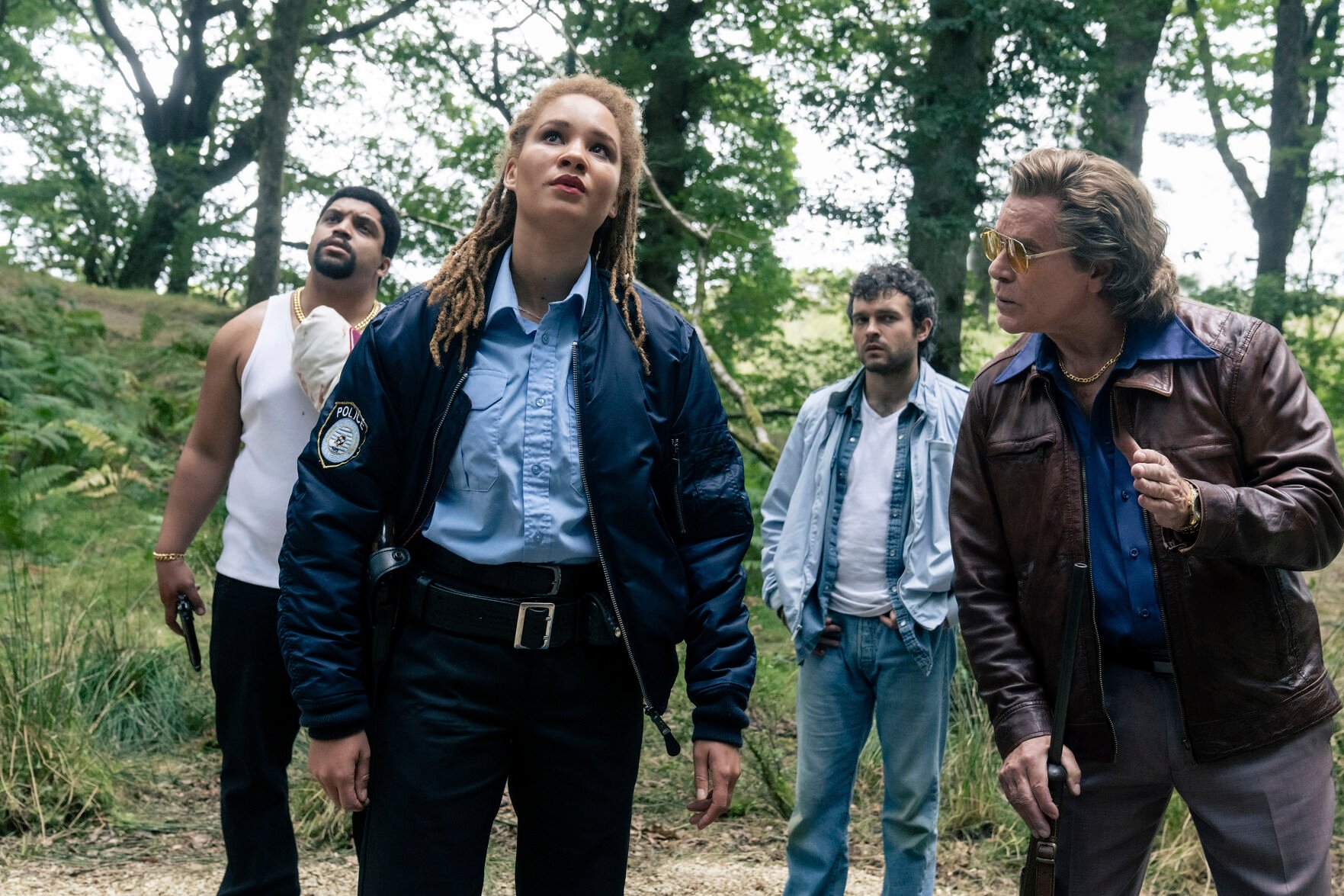 <p>This image released by Universal Pictures shows O'Shea Jackson, Jr., from left, Ayoola Smart, Alden Ehrenreich and Ray Liotta in a scene from "Cocaine Bear." (Universal Pictures via AP)</p>
