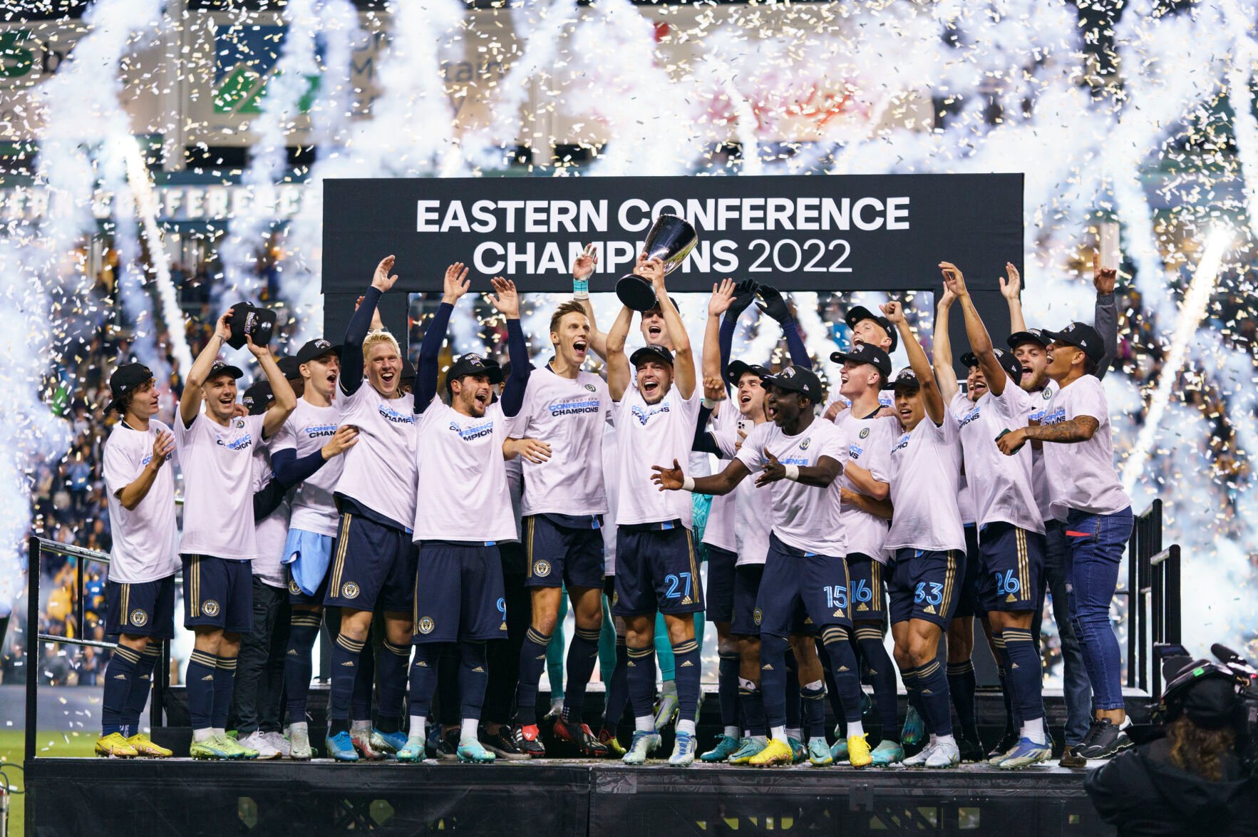 <p>Philadelphia Union's Kai Wagner, center, lifts the trophy as the Philadelphia Union celebrates winning the MLS Eastern Conference title over the New York City FC on Sunday, Oct. 30, 2022, in Chester, Pa.</p>