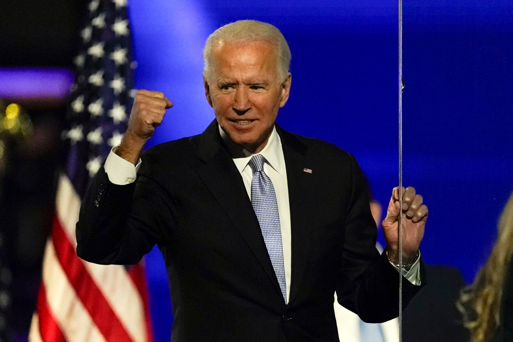 <p>Then-President-elect Joe Biden gestures to supporters Nov. 7, 2020, in Wilmington, Del.</p>