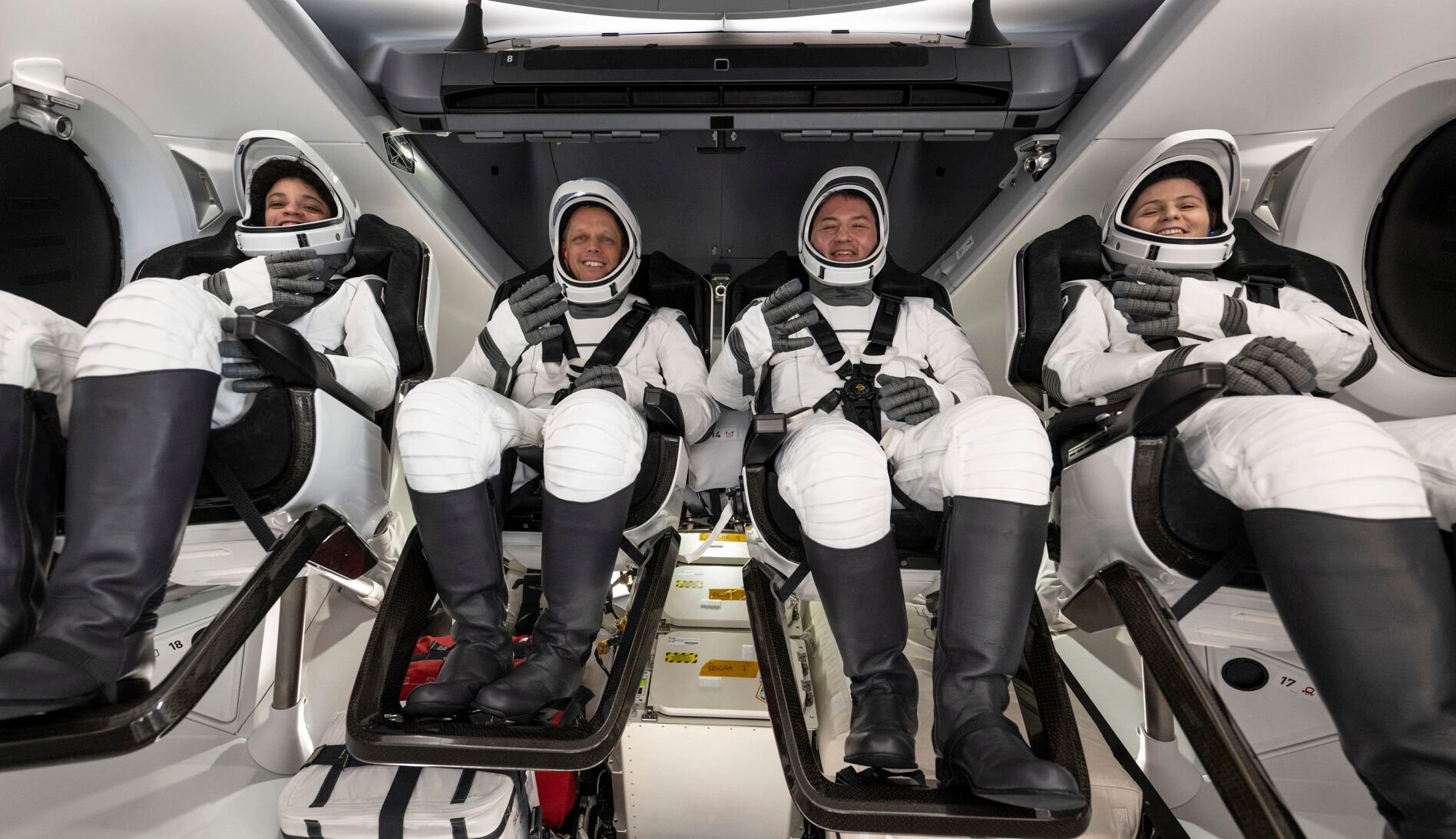 <p>NASA astronauts, from left, Jessica Watkins, Robert Hines, Kjell Lindgren, and European Space Agency astronaut Samantha Cristoforetti are seen inside the SpaceX Crew Dragon Freedom spacecraft onboard the SpaceX recovery ship Megan shortly after having landed in the Atlantic Ocean on Oct. 14, 2022, off the coast of Jacksonville, Fla.</p>