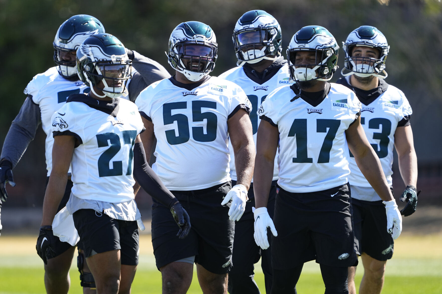 <p>The Philadelphia Eagles work out during Thursday's practice in Tempe, Ariz.</p>