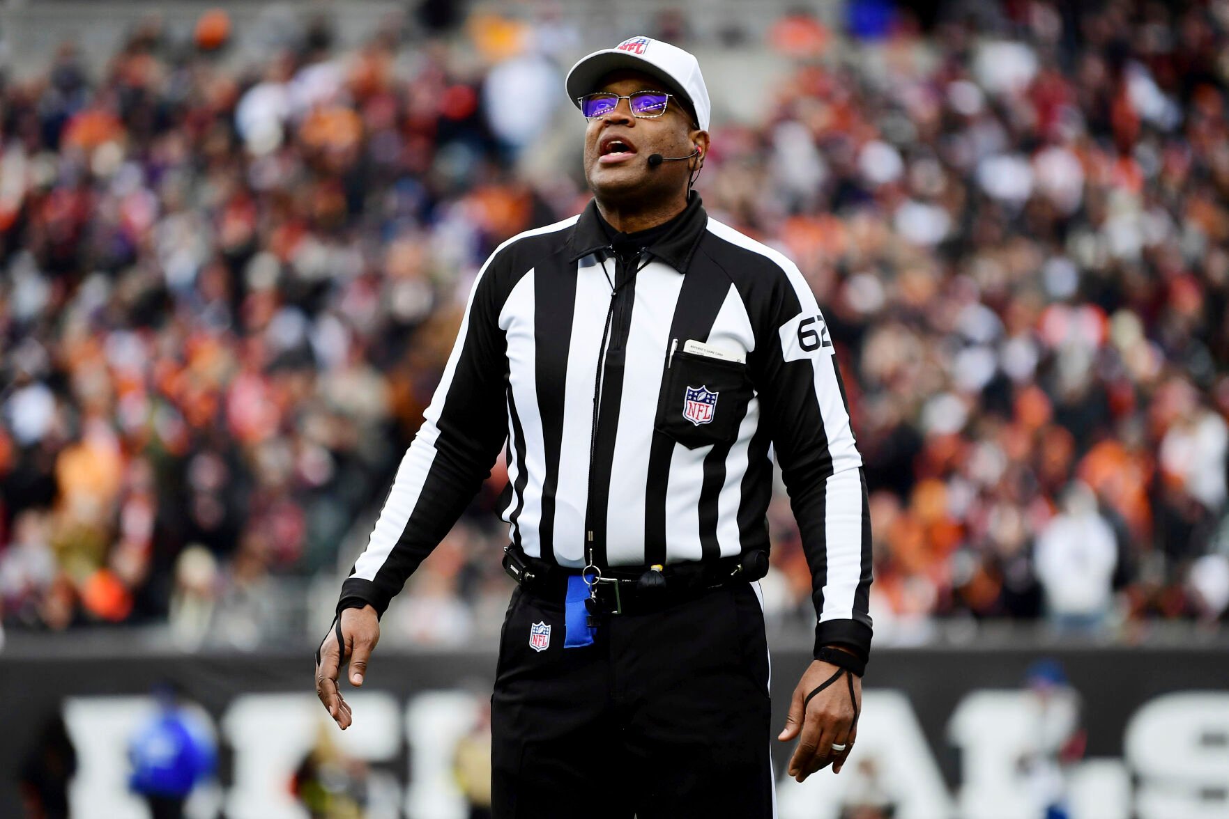 <p>FILE - Referee Ronald Torbert (62) during an NFL football game between the Cincinnati Bengals and Baltimore Ravens, Sunday, Jan. 8, 2023, in Cincinnati. On Friday, Feb. 3, The Associated Press reported on stories circulating online incorrectly claiming The NFL is investigating Torbert because his son made a large wager on the Kansas City Chiefs before they defeated the Cincinnati Bengals on Sunday, Jan. 29. (AP Photo/Emilee Chinn, File)</p>