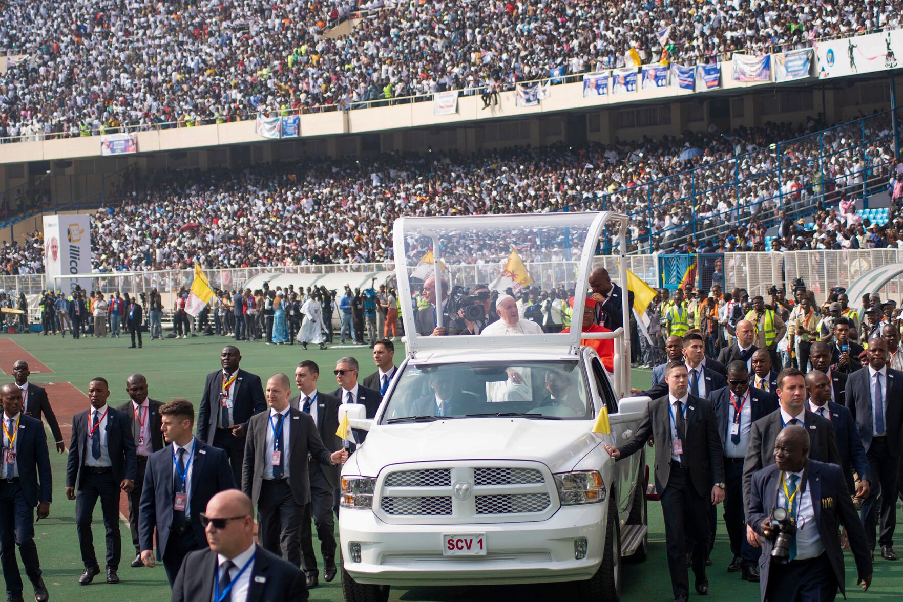 <p>Pope Francis on the popemobile, waves at worshipers at the Martyrs’ Stadium in Kinshasa, Congo, Thursday Feb. 2, 2023. Pope Francis urged Congo’s young people to work for a peaceful and honest future on Thursday, getting a raucous response from a generation that has been particularly hard-hit by the country’s chronic poverty, corruption and conflict. (AP Photo/Samy Ntumba Shambuyi)</p>
