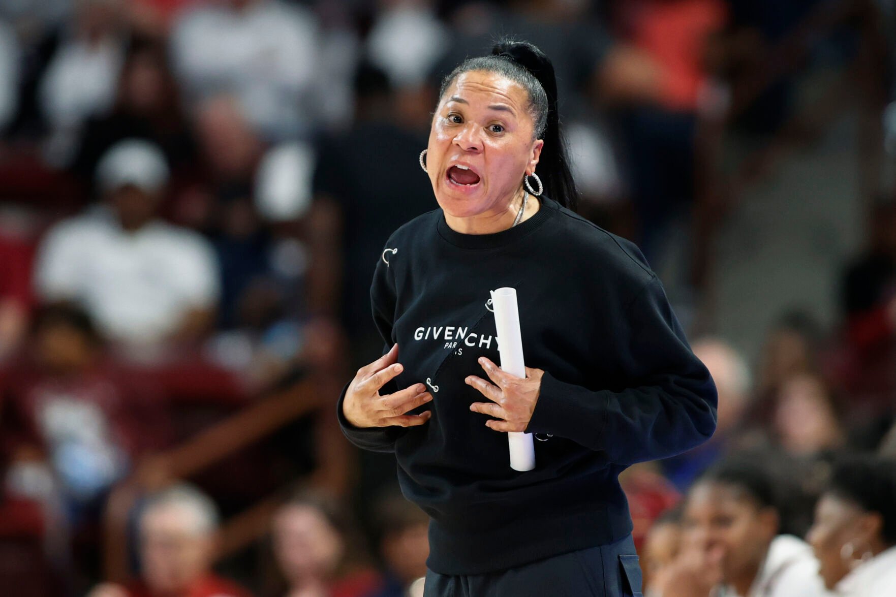 <p>South Carolina coach Dawn Staley argues with a referee during the second half of the team's Feb. 16 game against Florida in Columbia, S.C.</p>
