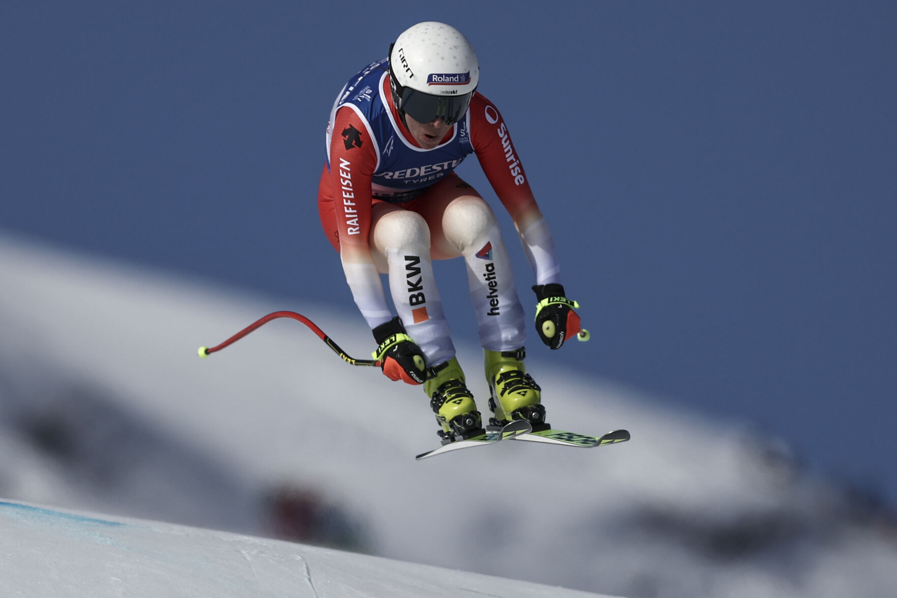 <p>Switzerland's Jasmine Flury speeds down the course on her way to win the alpine ski, women's World Championship downhill, on Saturday in Meribel, France.</p>