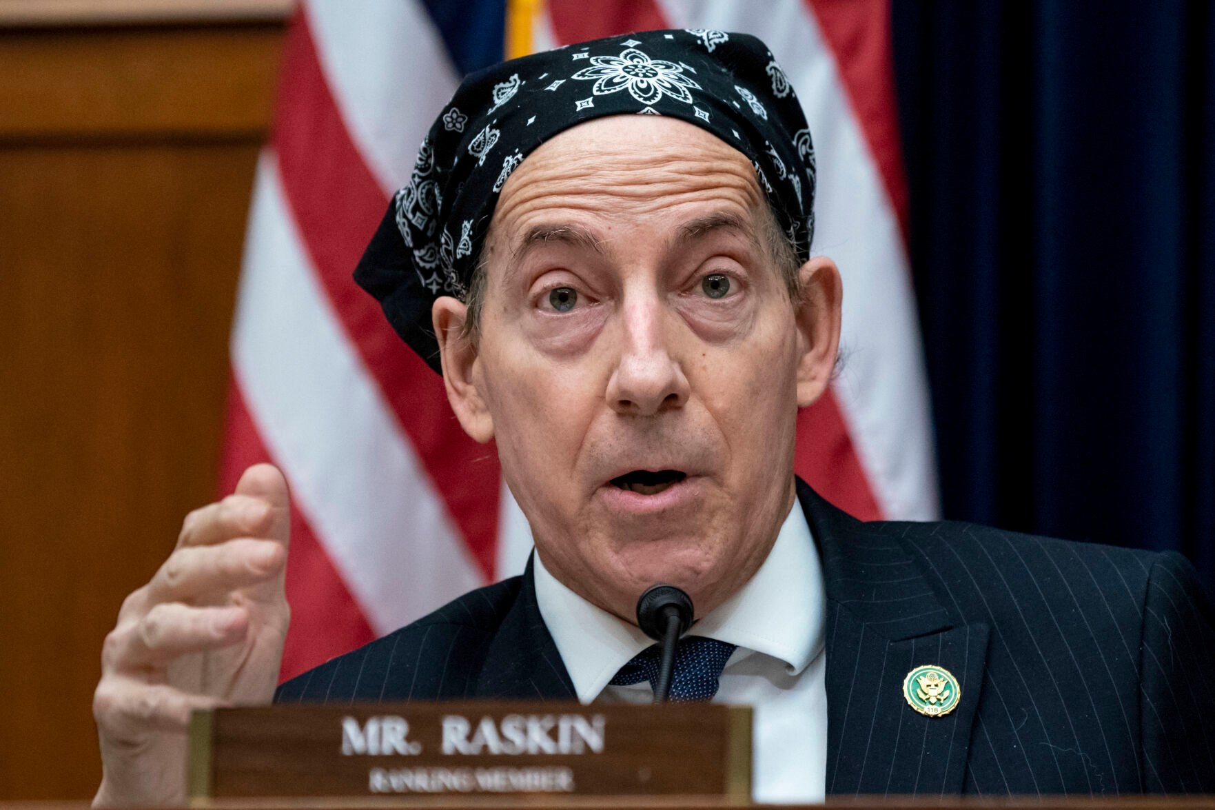 <p>FILE - Rep. Jamie Raskin of Maryland, the top Democrat on the House Oversight and Accountability Committee, offers amendments to the operating rules of the panel during an organizational meeting for the 118th Congress, at the Capitol in Washington, Tuesday, Jan. 31, 2023. On Friday, Feb. 3, The Associated Press reported on stories circulating online incorrectly claiming House Republicans are requiring Raskin to remove the headwear he’s donned on the House floor while undergoing chemotherapy. (AP Photo/J. Scott Applewhite, File)</p>