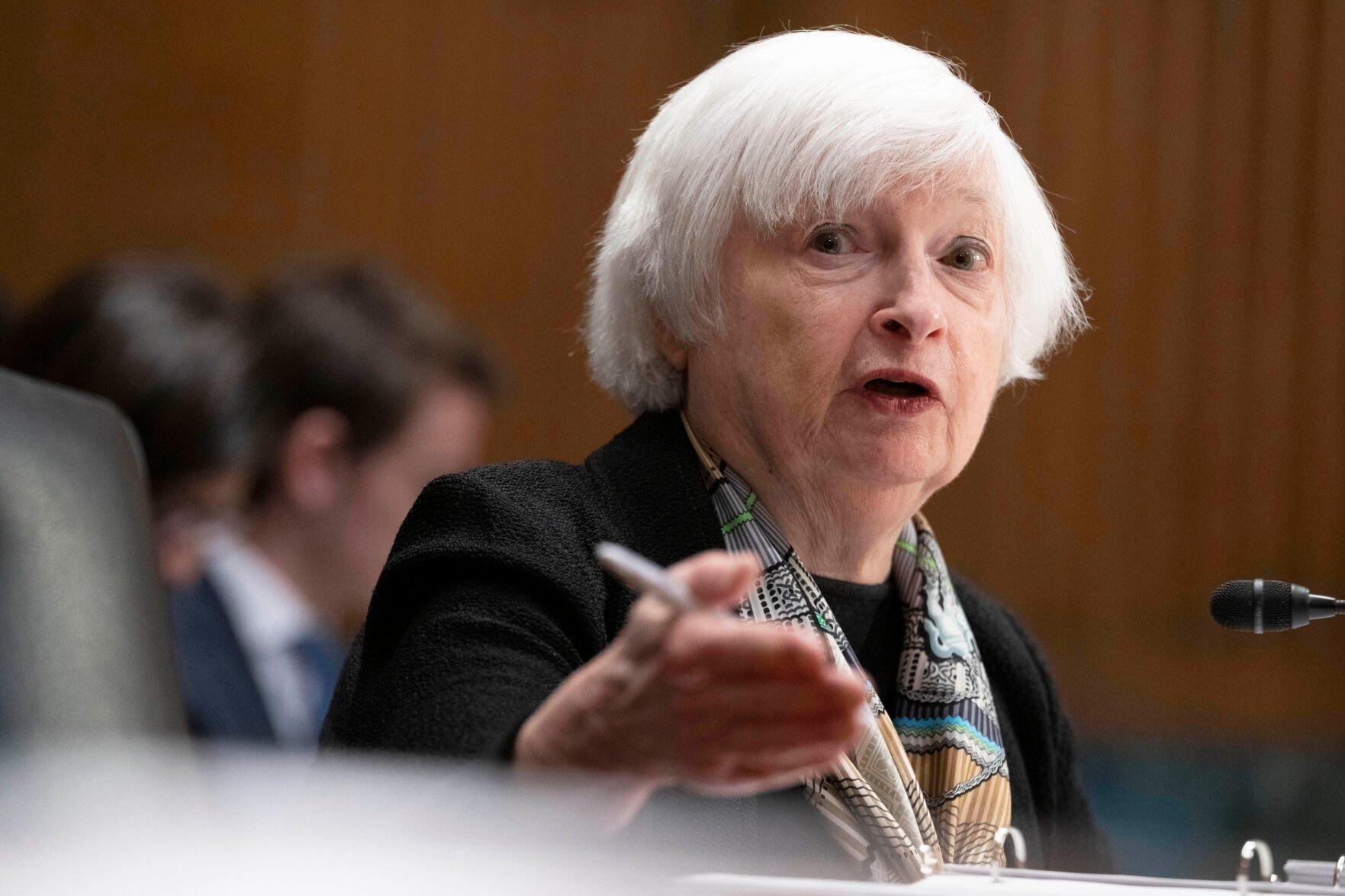 <p>Treasury Secretary Janet Yellen testifies before the Senate Finance Committee about President Joe Biden's proposed budget request for the fiscal year 2024, on Thursday in Washington.</p>