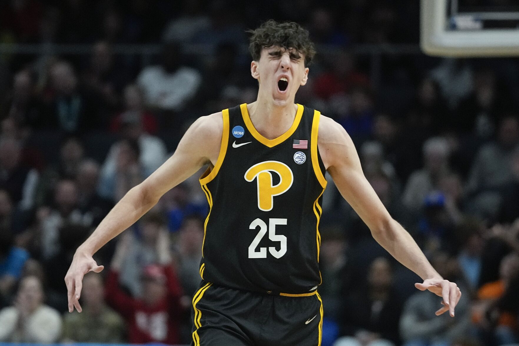 <p>Pittsburgh's Guillermo Diaz Graham reacts after hitting a 3-point shot against Mississippi State during the first half of Tuesday's First Four game in Dayton, Ohio.</p>