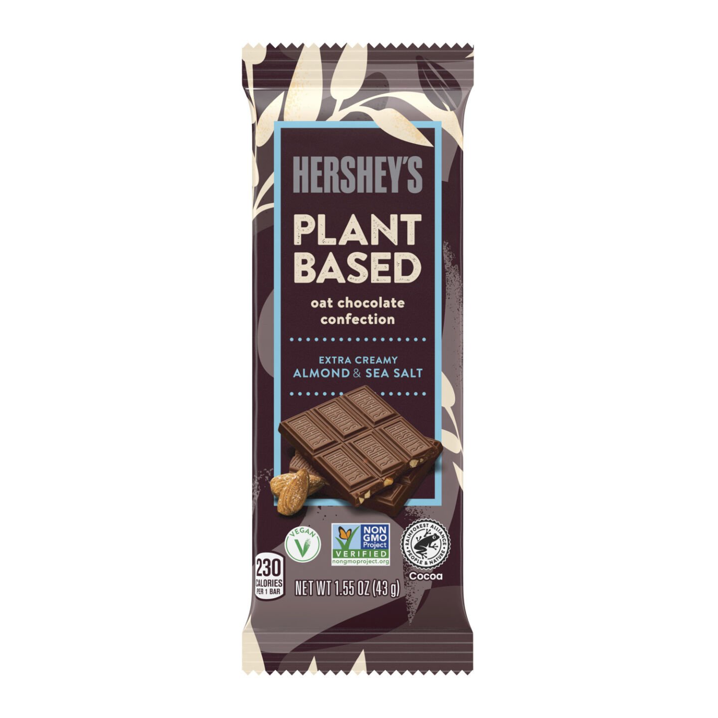 <p>This image provided by The Hershey Company shows the company's new Hershey’s plant-based extra creamy with almonds and sea salt. The company said Tuesday, March 7, 2023, that Reese’s plant-based peanut butter cups will be its first plant-based chocolate sold nationally when they go on sale in March. A second vegan offering, Hershey’s plant-based extra creamy with almonds and sea salt, will follow in April. (The Hershey Company via AP)</p>