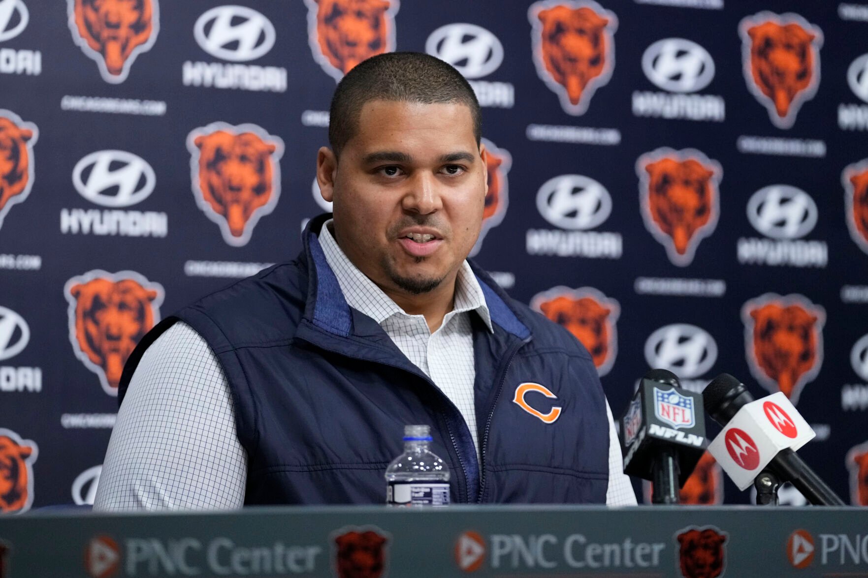 <p>Chicago Bears general manager Ryan Poles speaks during a news conference on Thursday at Halas Hall in Lake Forest, Ill.</p>