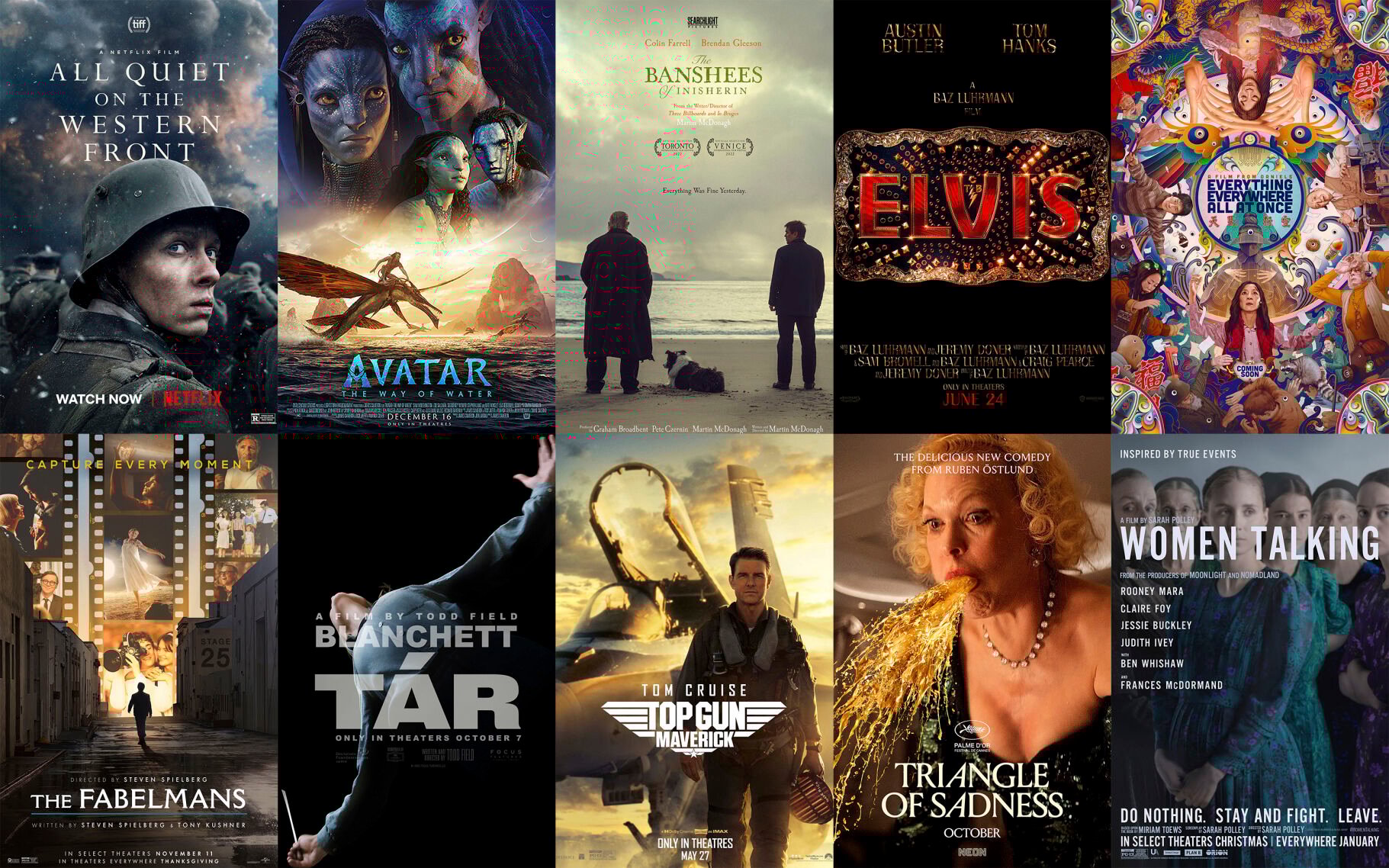 <p>This combination of photos shows promotional art for Oscar nominees for best feature, top row from left, "All Quiet on the Western Front," "Avatar: The Way of Water," "The Banshees of Inisherin," "Elvis," "Everything Everywhere All at Once," bottom row from left, "The Fabelmans," "Tár," "Top Gun: Maverick," "Triangle of Sadness," and "Women Talking." (Netflix/Disney/Searchlight/Warner Bros./A24/Universal/Focus/Paramount/Neon/Orion-United Artists via AP)</p>