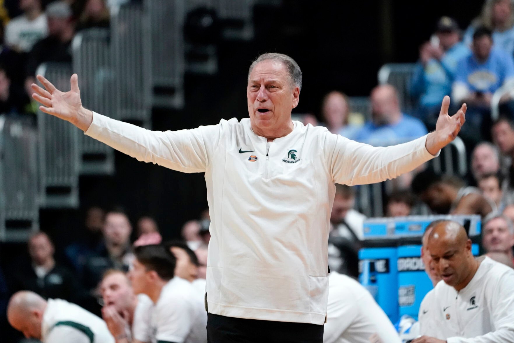 <p>Michigan State head coach Tom Izzo reacts to a call against Marquette during a second-round NCAA Tournament game on Sunday in Columbus, Ohio.</p>