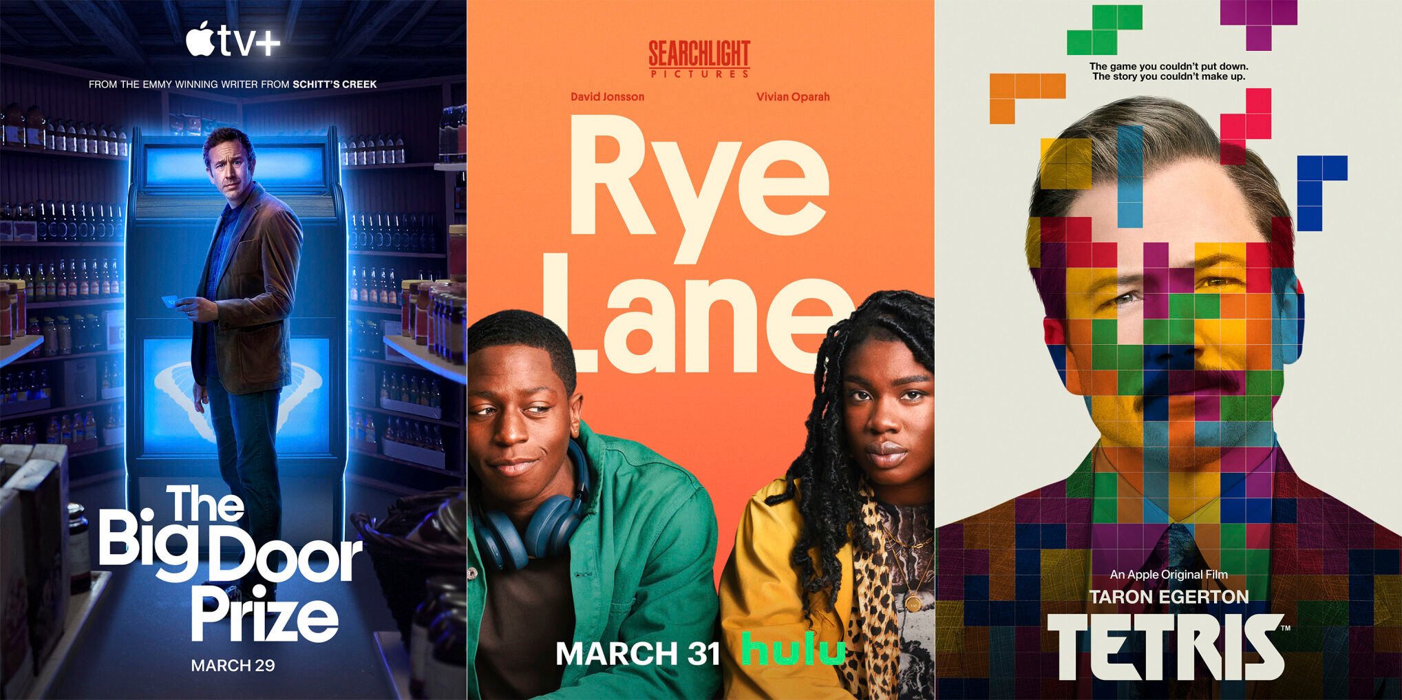 <p>This combination of images shows promotional art for "The Big Door Prize," premiering March 29 on Apple TV+, from left, "Rye Lane," a film premiering March 31 on Hulu and "Tetris," a film premiering March 31 on Apple TV+. (Apple TV+/Hulu/Apple TV+ via AP)</p>