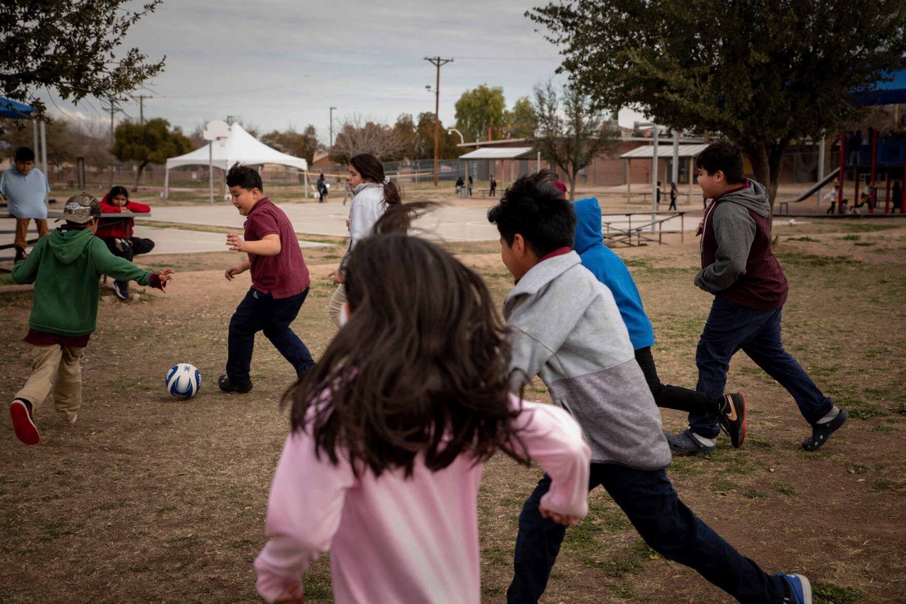<p>Students play soccer Jan. 31 during recess at V. H. Lassen Academy of Science and Nutrition in Phoenix.</p>
