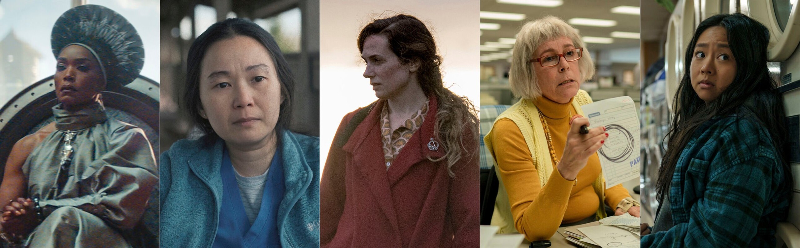 <p>This combination of images shows Oscar nominees for best supporting actress, from left, Angela Bassett in "Black Panther: Wakanda Forever," Hong Chau in "The Whale," Kerry Condon in "The Banshees of Inisherin," Jamie Lee Curtis in "Everything Everywhere All at Once," and Stephanie Hsu in "Everything Everywhere All at Once." (Disney/A24/Searchlight/A24/A24 via AP)</p>