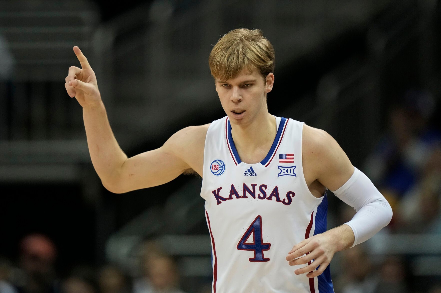 <p>Kansas guard Gradey Dick celebrates after making a basket during a game against West Virginia on March 9.</p>